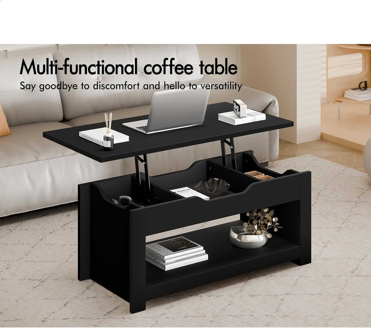 ALFORDSON Multifunctional Lift-Top Coffee Center Table Black Color, Dining Table for Living Room, Office, Reception & Dining, Featuring Rising Tabletop Surface, Hidden Compartment & Open Shelf - Black image number 5