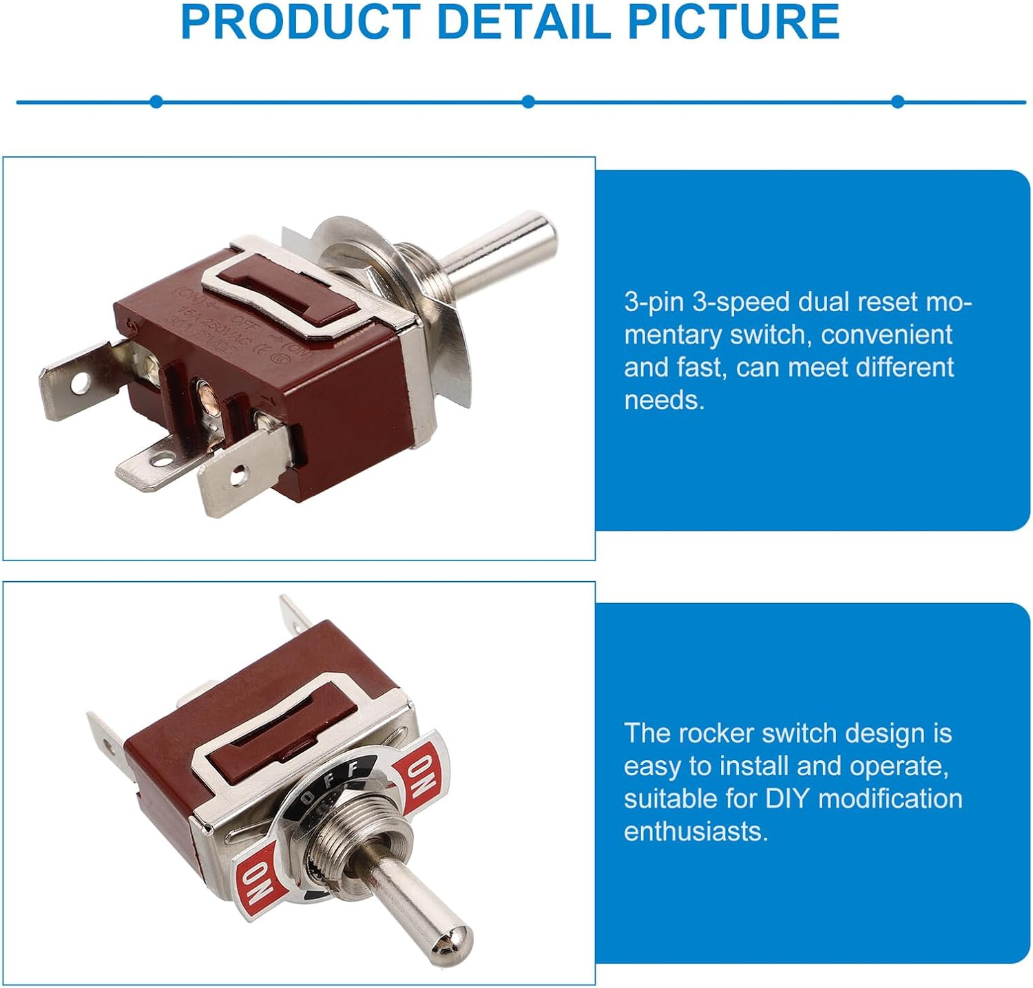 Abaodam 4 Sets 3-Pin Automotive Momentary Toggle Switches with Waterproof Caps, 3-Way On-Off-On Rocker Marine Switch Replacement for Cars and Boats Accessories image number 2