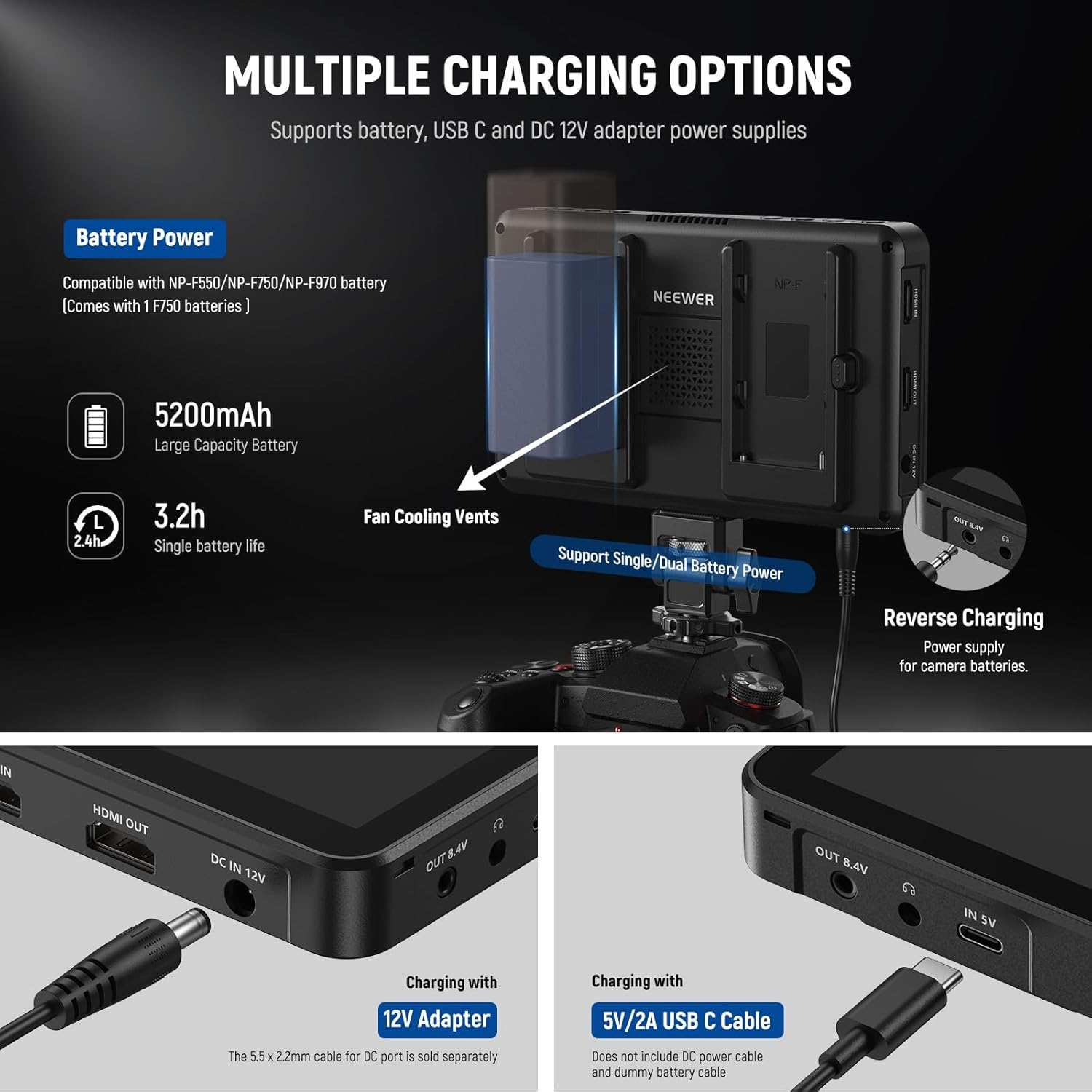 NEEWER F700 7" Camera Field Monitor, 2000Nit HD 1920X1080 IPS Touch Screen with 3D LUT, 4K HDMI Loop In/Out with Peak Focus DSLR Video Assist HDR Waveform, Cold Shoe Mount, 5200Mah Battery & Cable image number 3