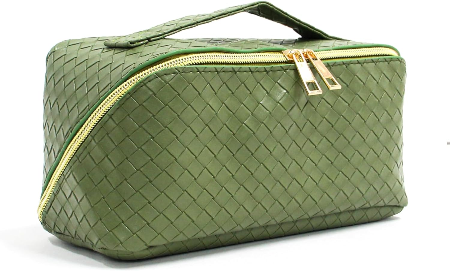 Makeup Bag, Leather Waterproof Women'S Portable Travel Makeup Bag, Large Capacity Travel Cosmetic Bag，With Handle and Divider Flat Lay Makeup Organizer Bag,Military Green image number 5