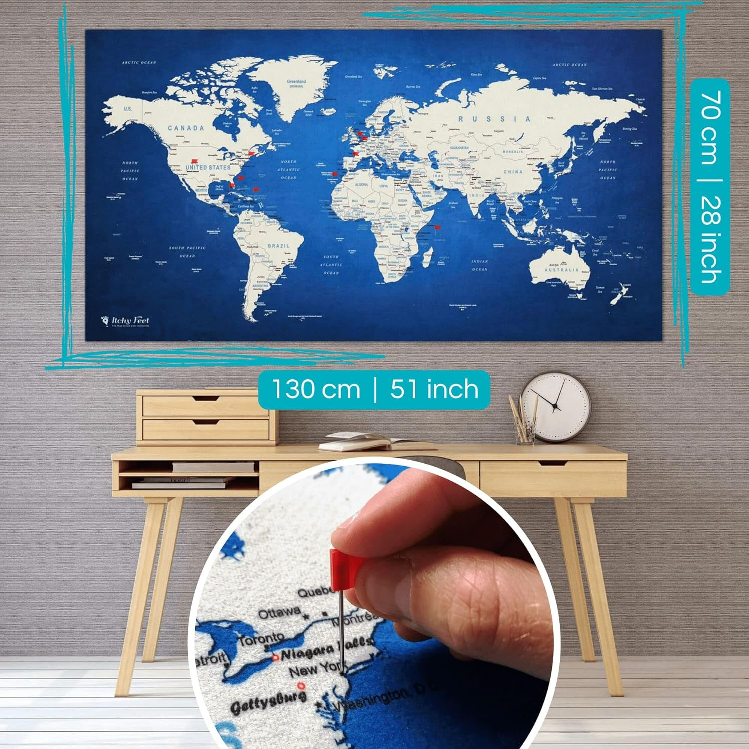 World Map XXL 51 X 28 Inches, Travel Pin Board with Fleece Surface in Modern Wall Art Design, 20 Flag Push Pins Included image number 2