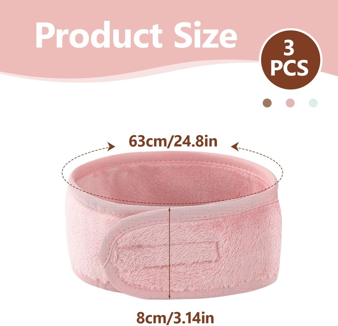 SGERUFZ Pack of 3 Face Wash Headbands, Coral Fleece Elastic Makeup Headband (Green, Pink, Light Beige) image number 5
