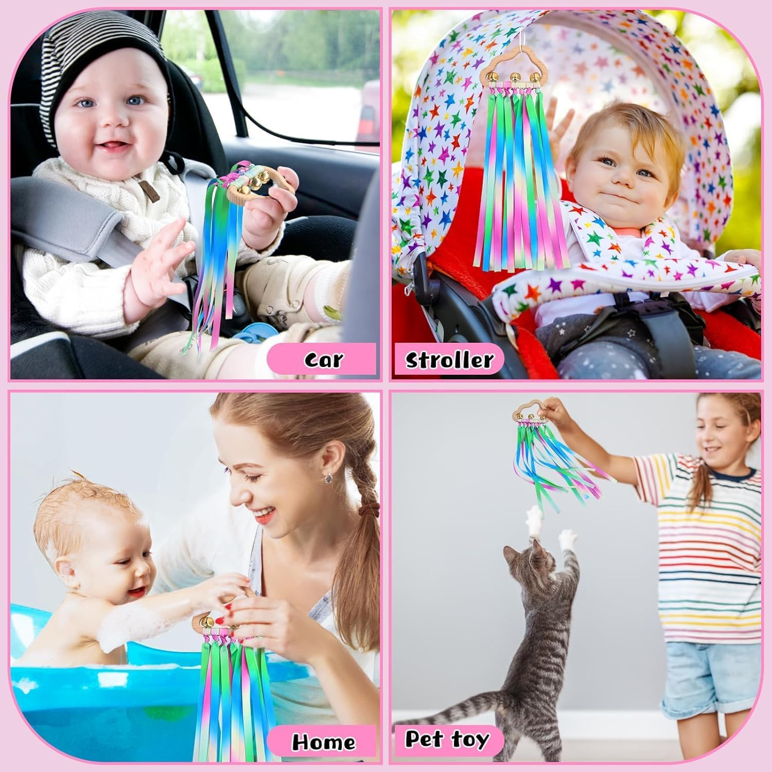 Baby Sensory Ribbon Ring Toys - 2Pcs Rainbow Ribbon Rattle Natural Wooden Ribbon Ring, Sensory Montessori Toy for 3+ Month Babies Toddler (Multicolor) - Multicolor image number 5