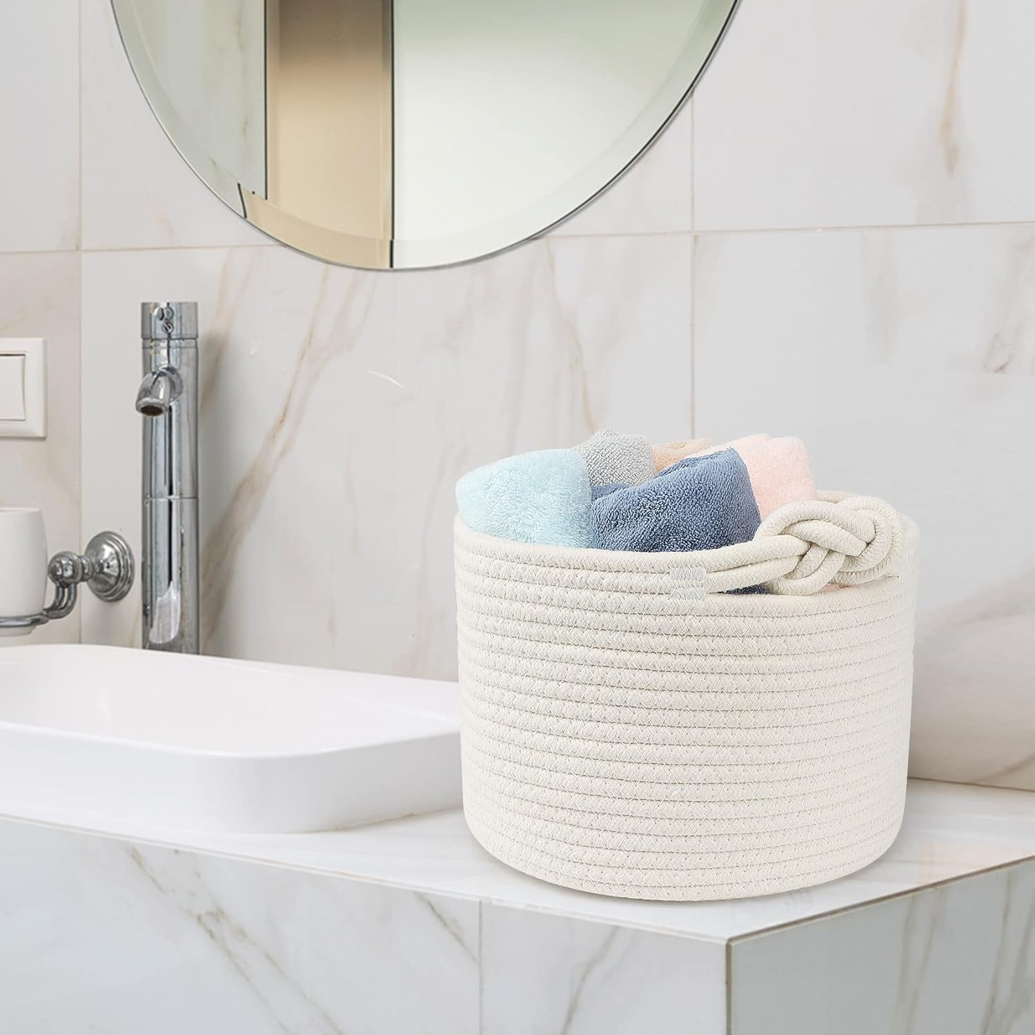 Abenkle Small Woven Basket, Cotton Rope Shelf Storage Basket, Small round Easter Basket, Cute Baby Basket, Decorative round Bin for Nursery Bedroom Bathroom, 9.4" X 9.4"X 7.1" Empty Gift Basket - Brown-A image number 6