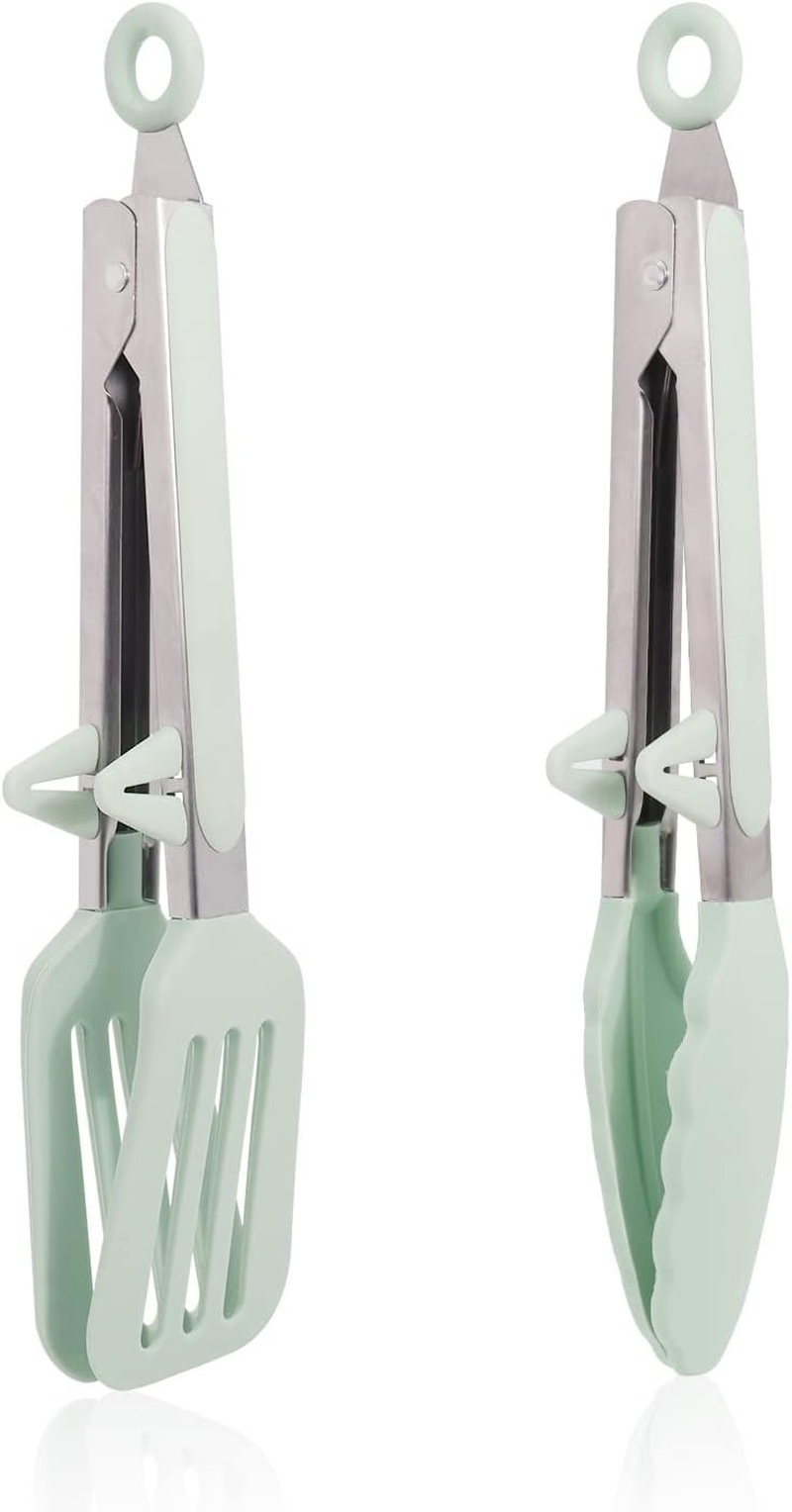 Kitchen Tongs, 9 Inch Silicone Tongs Set of 2 Food Safe Silicone Pink Locking BBQ Cooking Serving Salad Tongs with Stainless Steel Handle