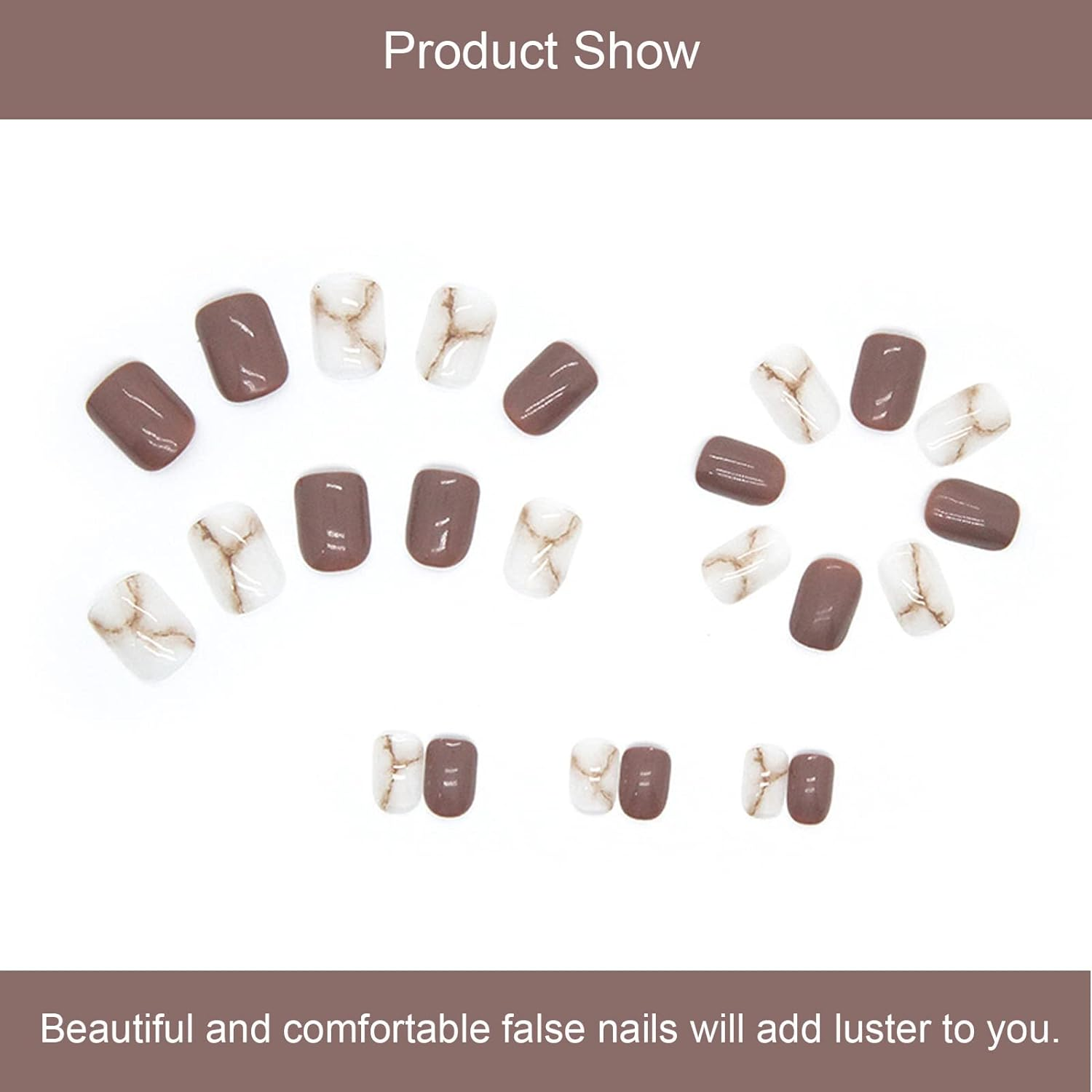 24 PCS Marbled Halo Press on Nails Short Fake Nails Brown & White False Nails Wearable Fake Nails Glossy Fake Nails Gifts for Women and Girls