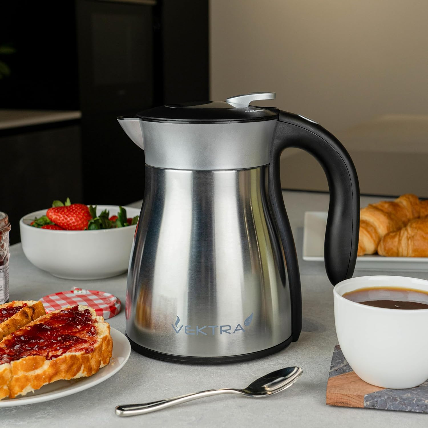 Vektra VEK-1701 Vacuum Insulated Environmentally Eco Friendly Easy Pour Cordless Kettle, 1.7 Litre, Stainless Steel image number 4