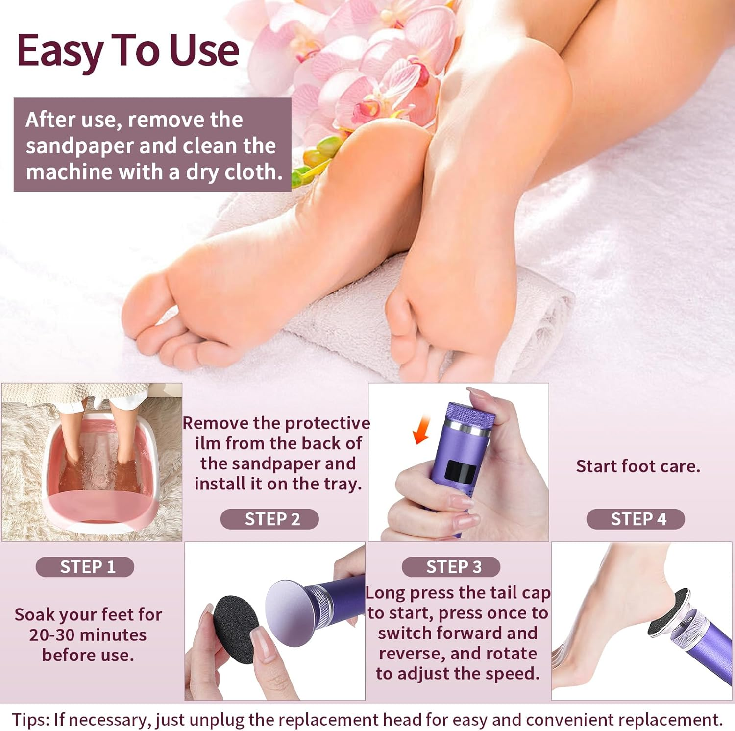 2-In-1 Electric Callus Remover, 6 Adjustable Electric Callus Remover with Replaceable Foot Files, Rechargeable Professional Callus Remover for Feet, Heels, Callus, Purple image number 3