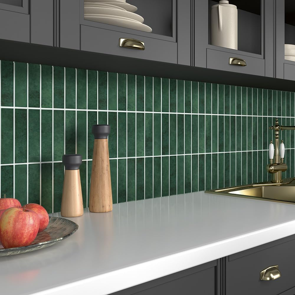 Commomy Peel and Stick Tile, Stick on Tiles Backsplash for Kitchen and Bathroom, PVC Self Adhesive Wall Tiles Stickers 3D Wall Panels Interior Decorative Tiles(30X30Cm, 10 Sheets, Matte Darkgreen) image number 4