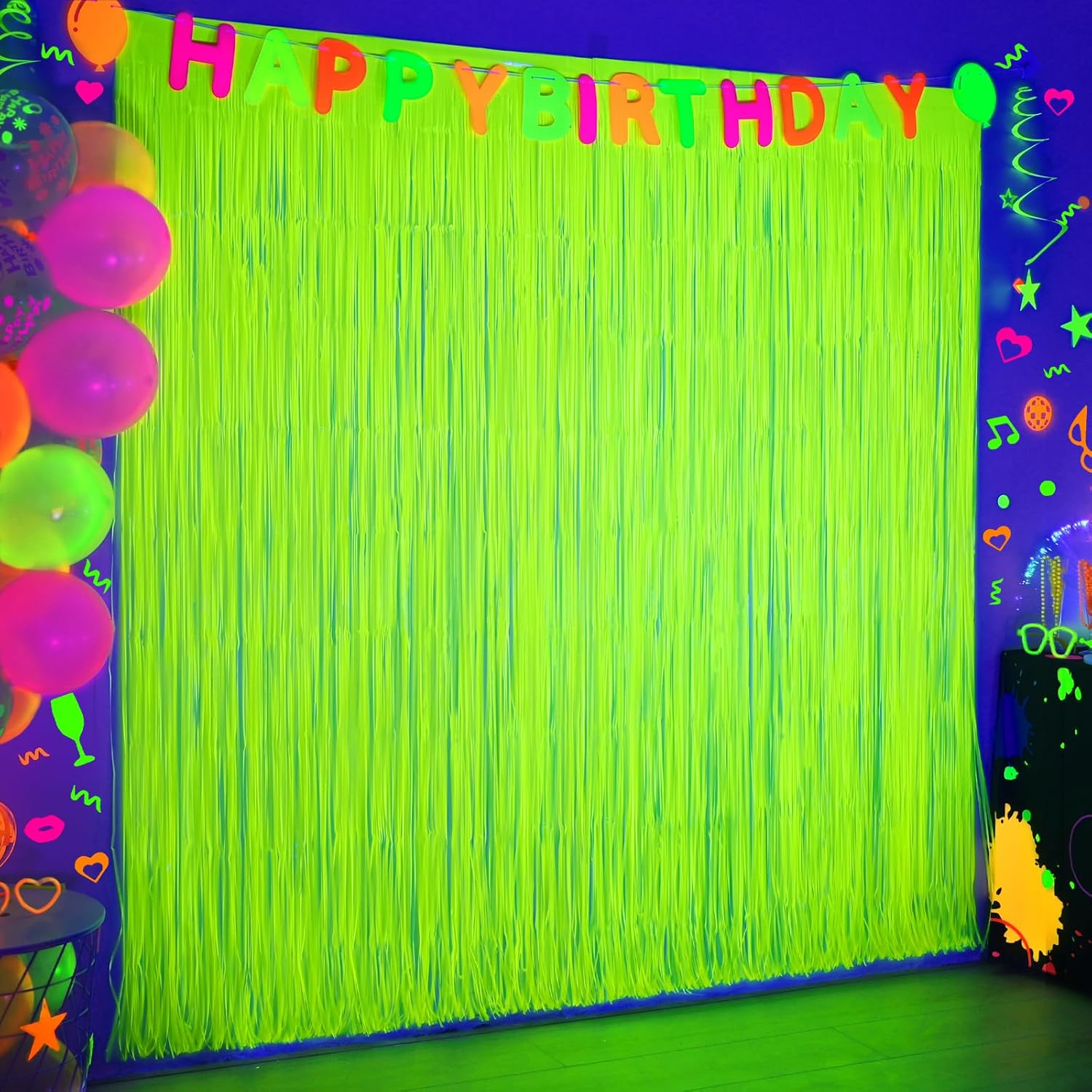 Mega-L Glow in the Dark Party Supplies, 2 Pack Neon Party Decorations 6.6 X 6.6 Ft Fluorescent Macaron Yellow Tinsel Foil Fringe Curtains, Photo Booth Prop Backdrop Streamer, Blacklight Decorations image number 6