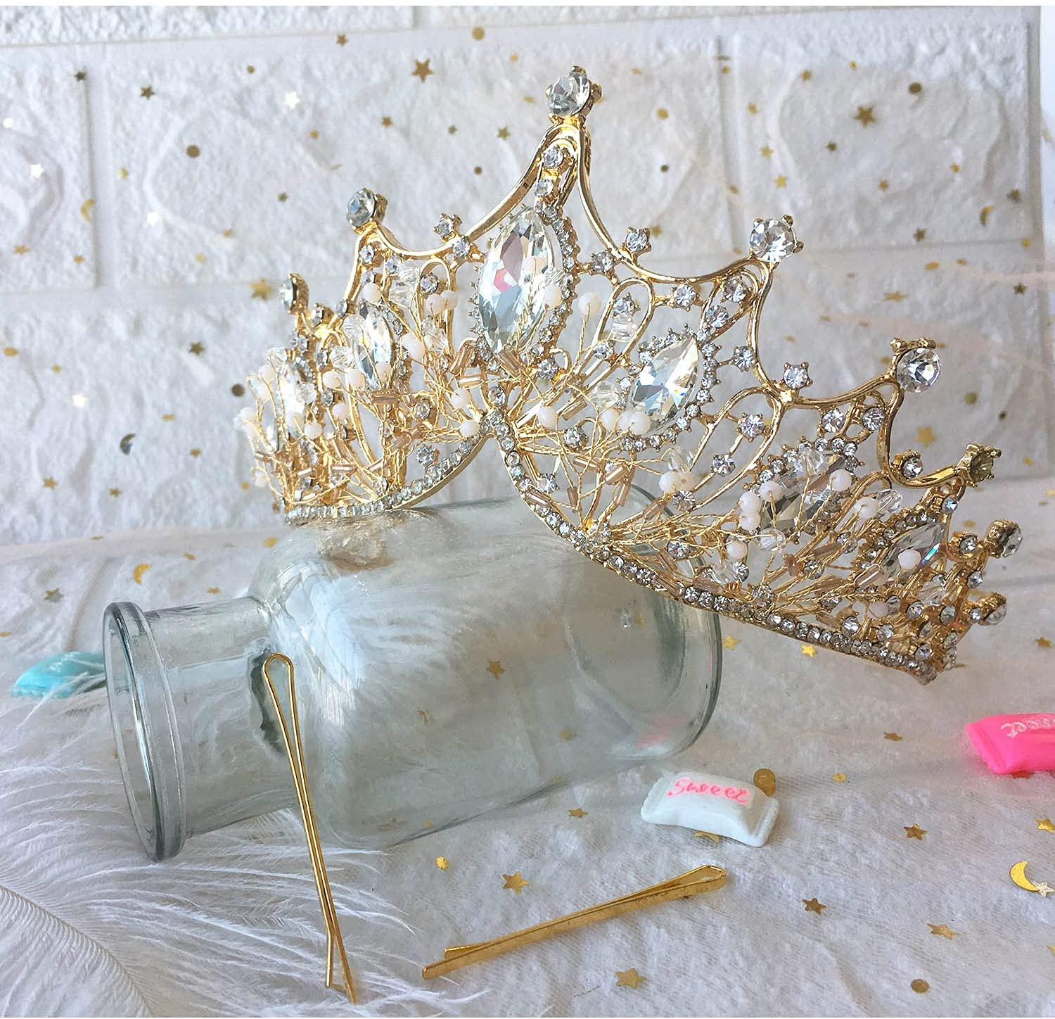 Baroque Queen Crown, Rhinestone Wedding Tiaras and Crown for Bride Handmade Crystal Headband Tiara for Women and Girls - Wedding Halloween Faire Costume Birthday Music Festival Hair Accessories (Gold) - 3 Purple image number 6