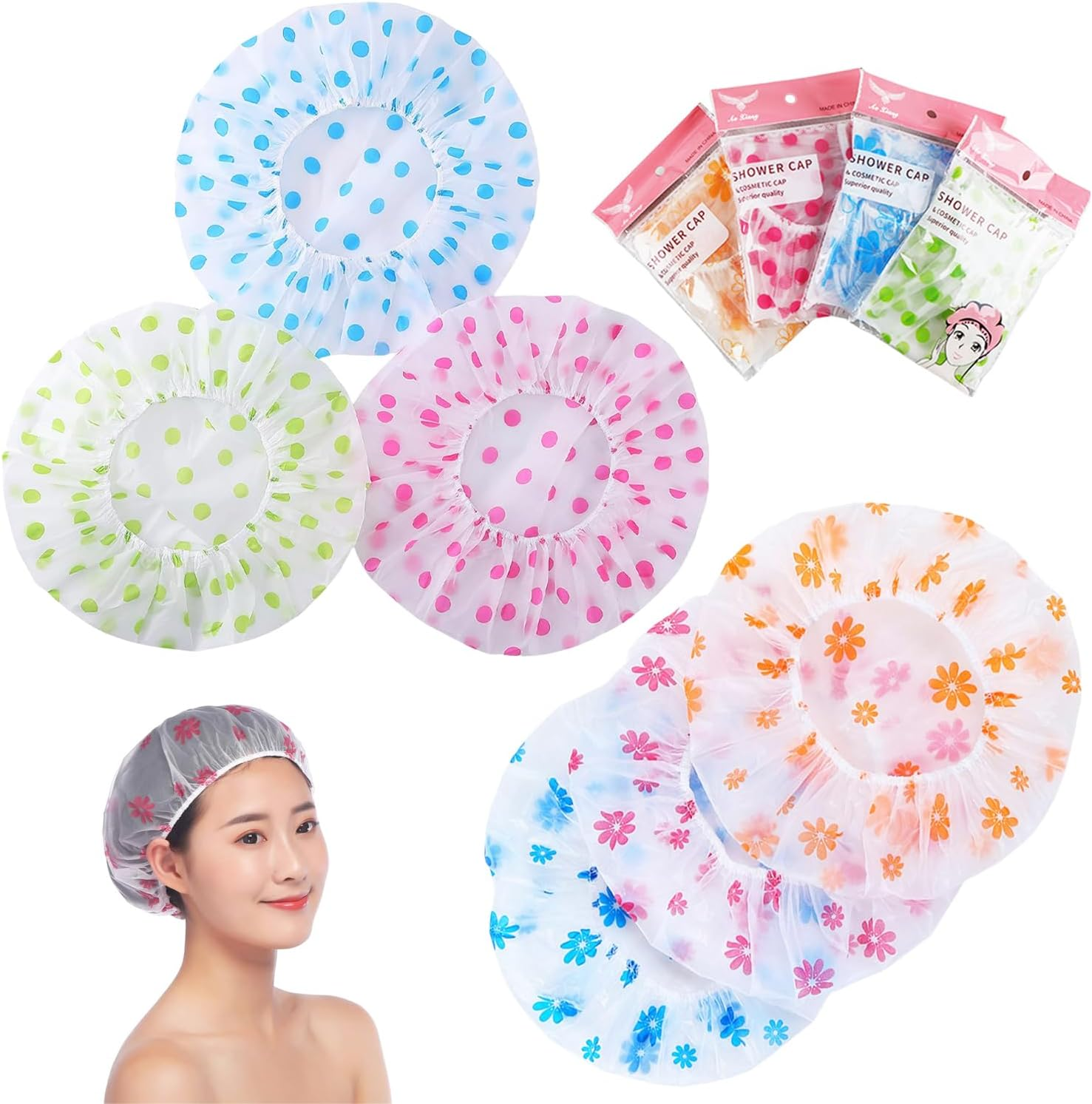 Xinghonyac 6 Pcs Shower Caps, Reusable Waterproof Shower Caps with Elastic Band for Facial Care, Bathing, Spa image number 4