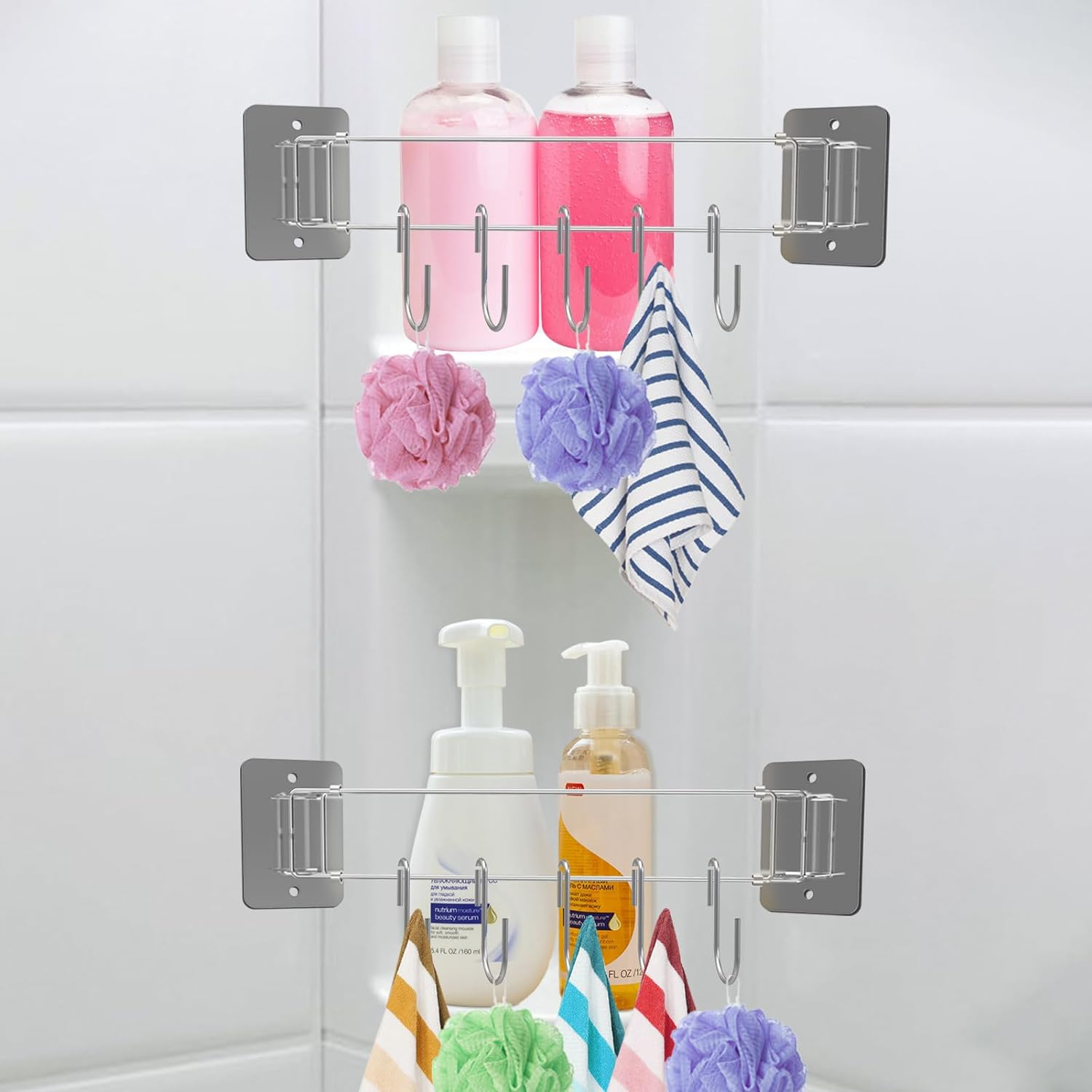 2PCS Rv Accessories for Inside, RV Shower Corner Storage Bar with 5PCS Hooks, Adjustable Tension Rods 7-13 Inches, Camper/Travel Trailer Accessories Organizing Kitchen/Bathroom image number 1