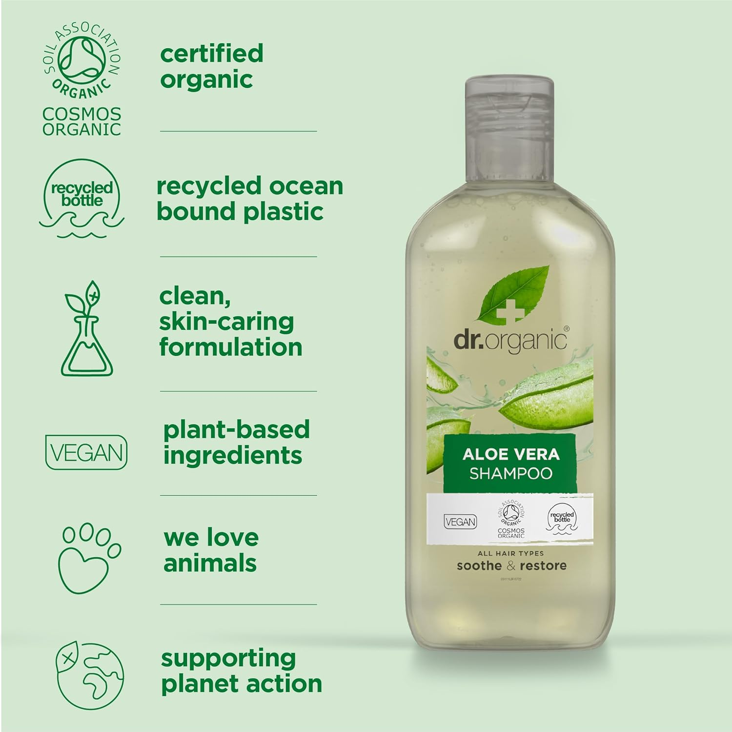Dr Organic Aloe Vera Shampoo & Conditioner Set with Travel Bag, Soothing, All Hair Types, Natural, Vegan, Cruelty-Free, Paraben & Sls-Free, Recyclable & Recycled Ocean Bound Plastic, Organic, 265Ml image number 2