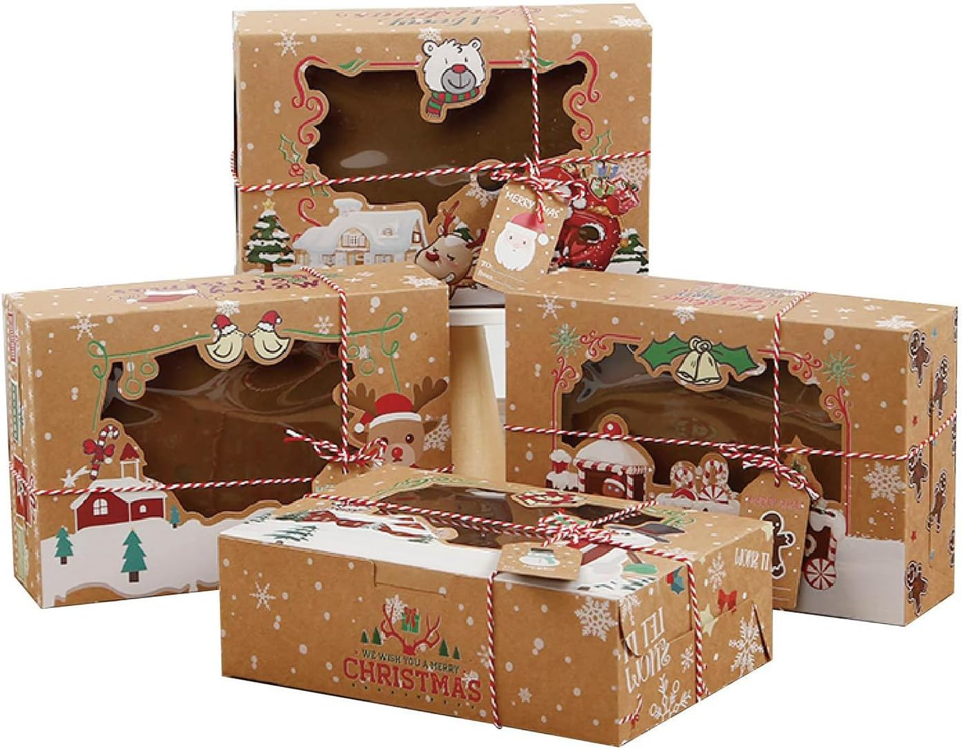 12 Pack Christmas Cookie Boxes with Window, Bakery Christmas Treat Boxes for Gift Giving, Pastry Candy Party Favors Christmas Kraft Gift Boxes with Ribbons and DIY Gift Tags image number 4