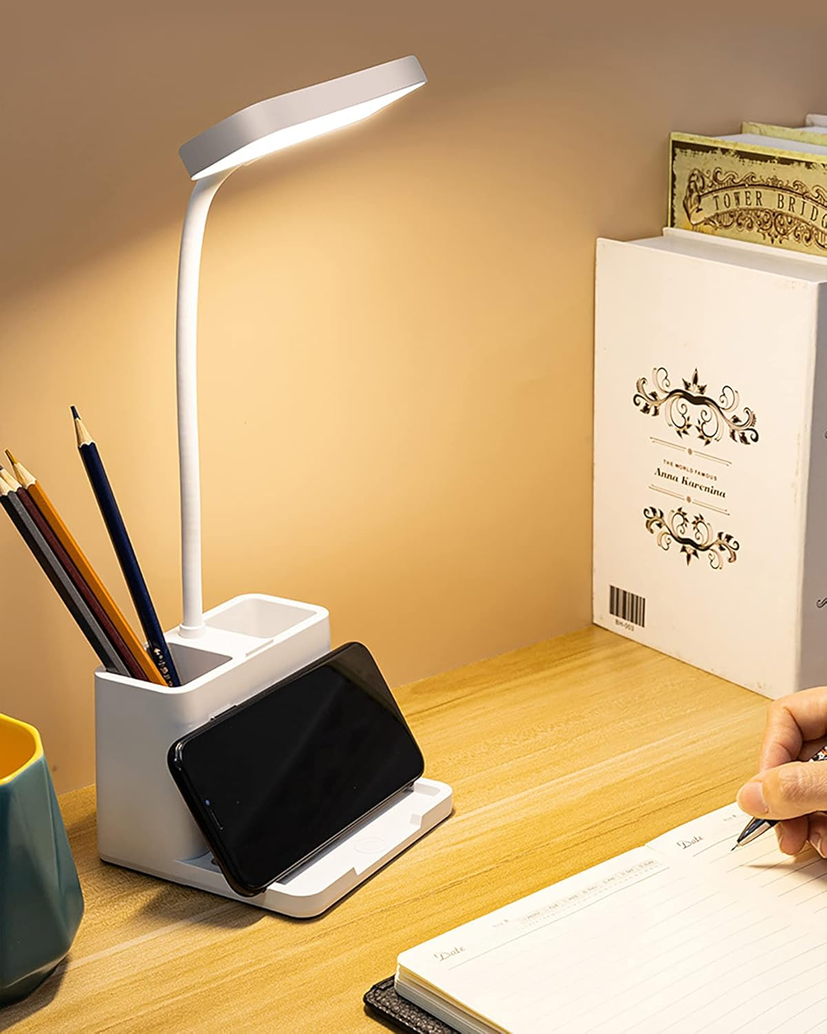 Youker Desk Lamp 3 Colors LED Table Light with Pen Holder Stepless Dimming Study Lamp with Flexible Gooseneck Eye-Caring Bedside USB Rechargeable Desk Lamp for Home Office image number 3