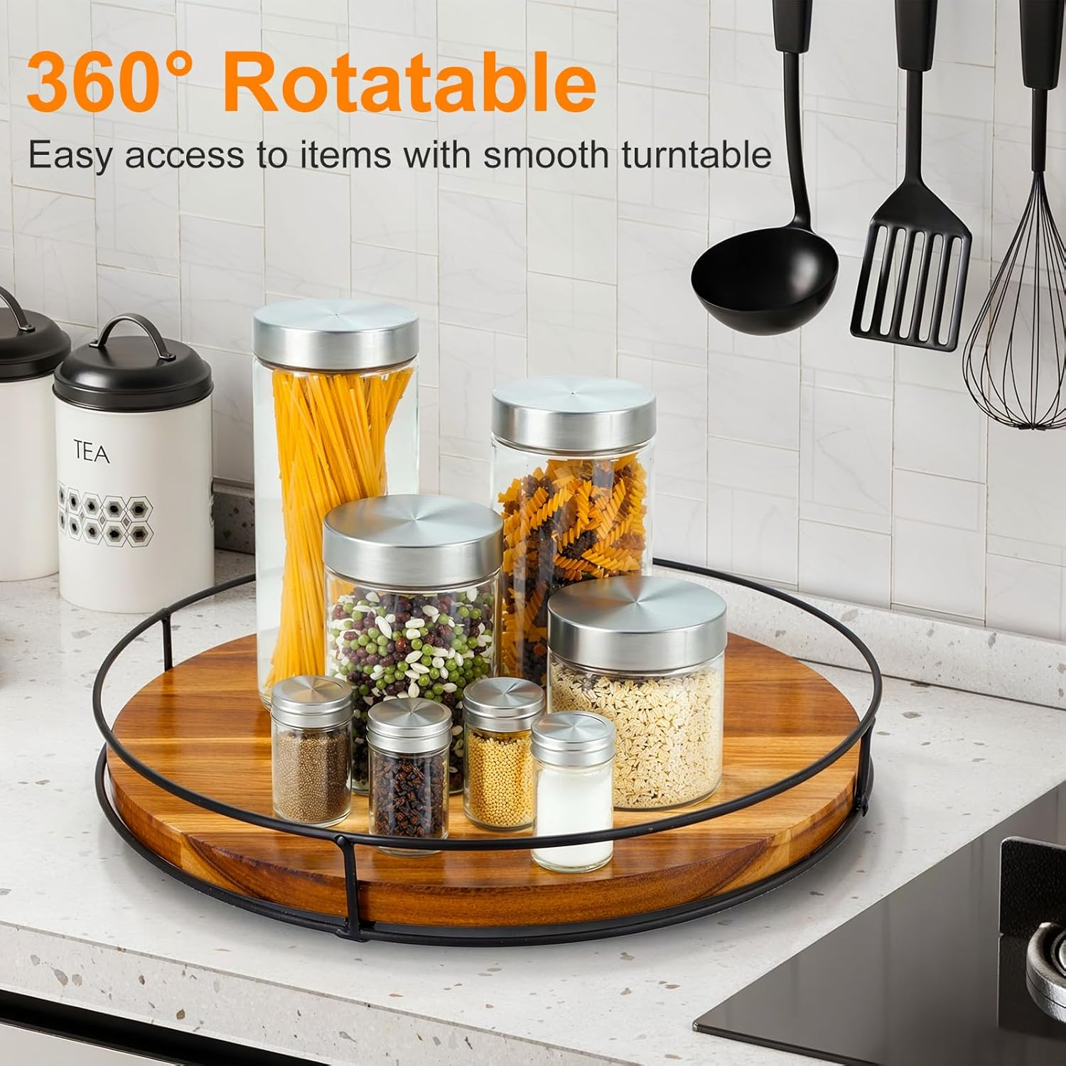 Large Turntable Spice Rack, 30Cm, Non-Slip, 360&deg; Rotating Wood Pantry Cupboard Organiser, round Display Tray, Kitchen Storage Organisation for Bathroom Countertop Cabinet Fridge Table image number 1