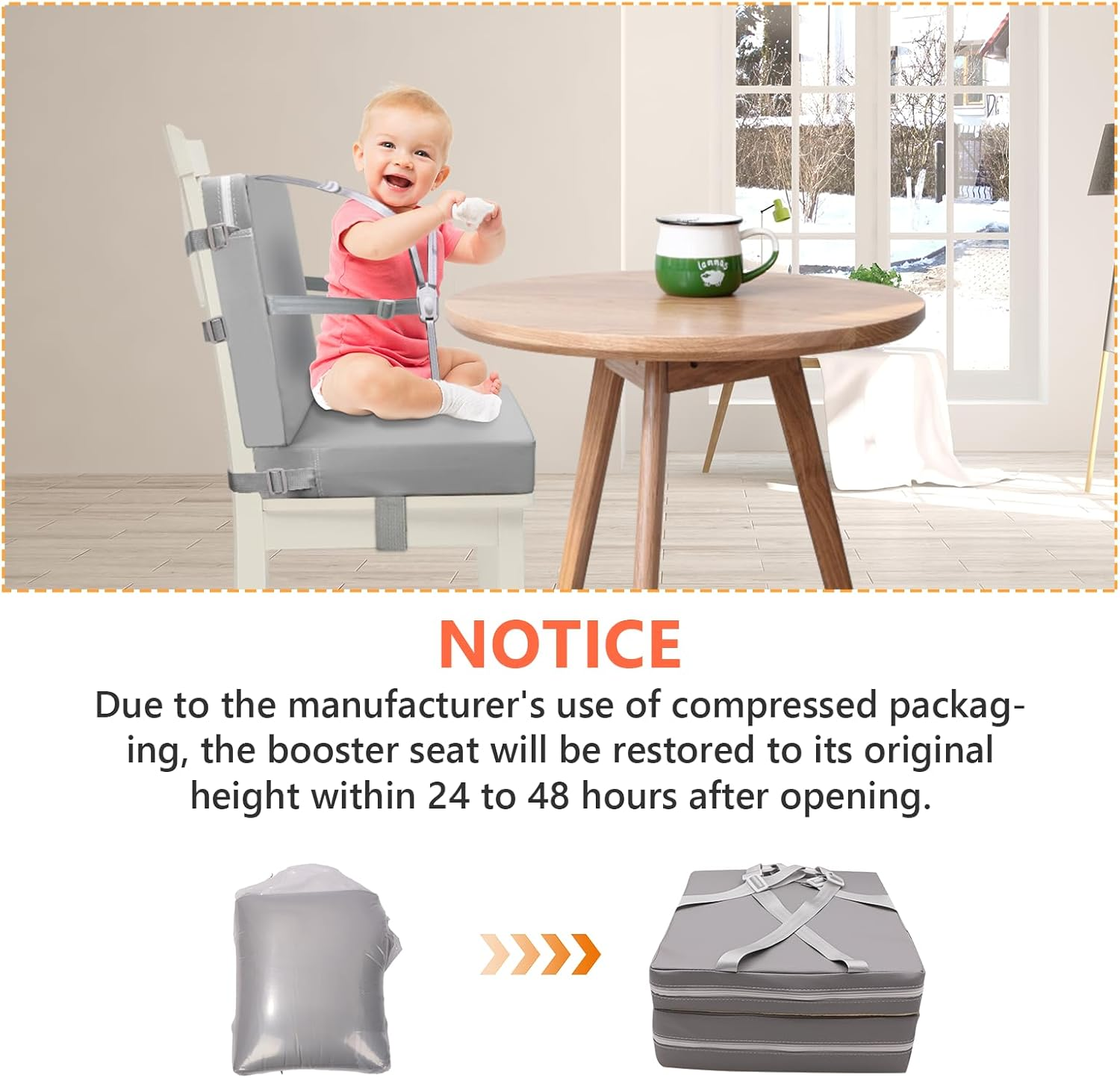 Toddler Booster Seat for Dining Table, 5 Point Buckle Child Booster Seat for Table with Backrest, PU Waterproof Easy Cleaning Dining Booster Seat Adjustable Seat Belts & Non-Slip Bottom (Grey) image number 4
