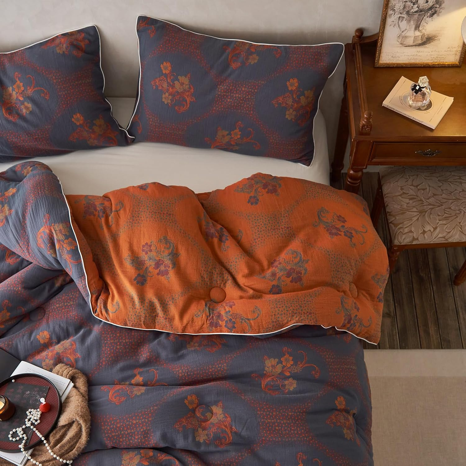 Mixinni Vintage Floral Comforter Set King Size, All Seasons Muslin Cotton Bedding Set, 3 Pieces Farmhouse Shabby Chic Jacquard Floral Comforter Set Perfect for Women and Men-Grayish Blue/Pumpkin image number 6