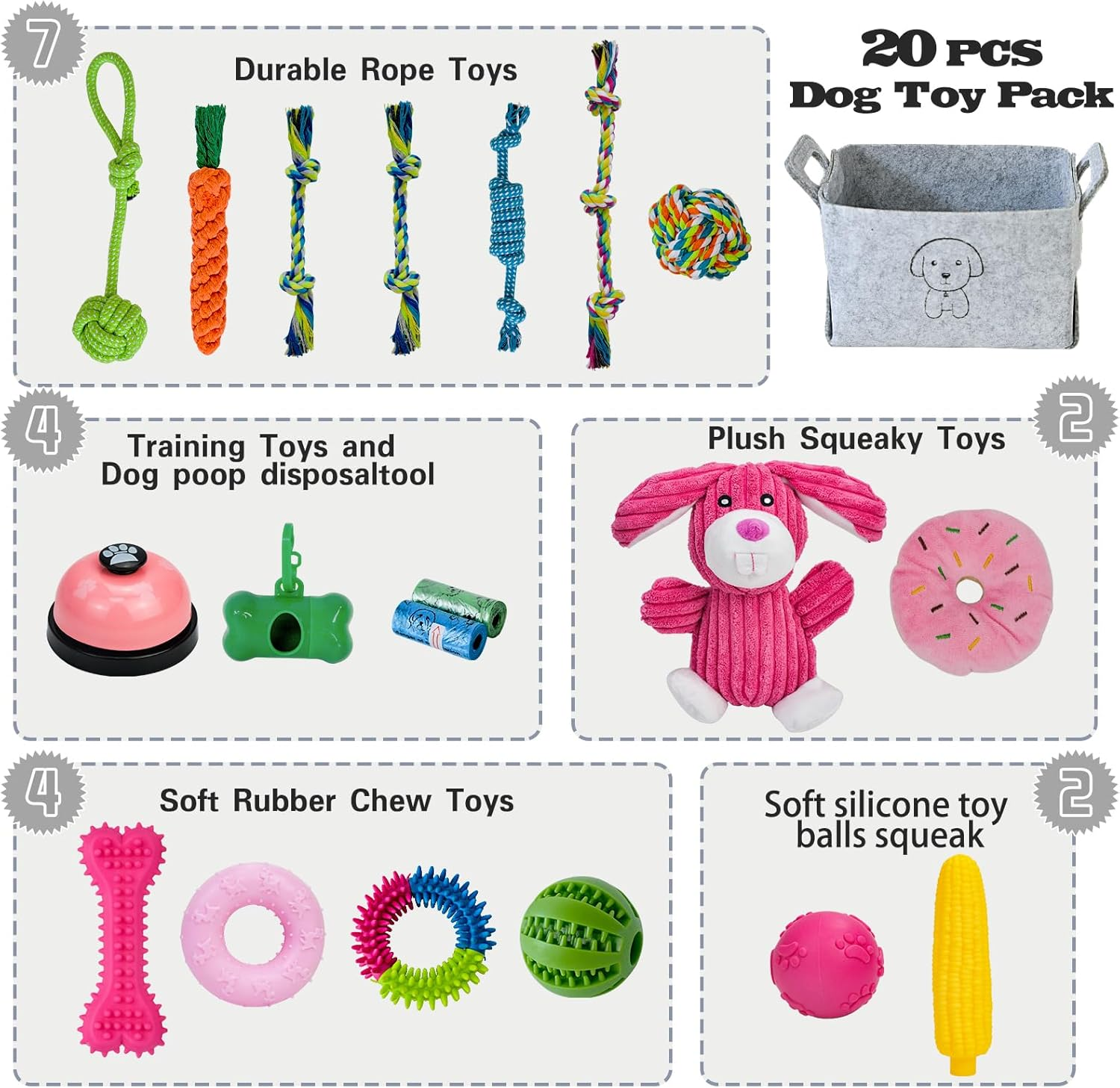 20Pcs Puppy Chew Toys for Teething, Dog Chew Rope Toys, Pet Dog Toothbrush, Treat Balls, Plush Squeaky Toy for Small Medium Dogs with Basket - 20 Pack Frog Style image number 3