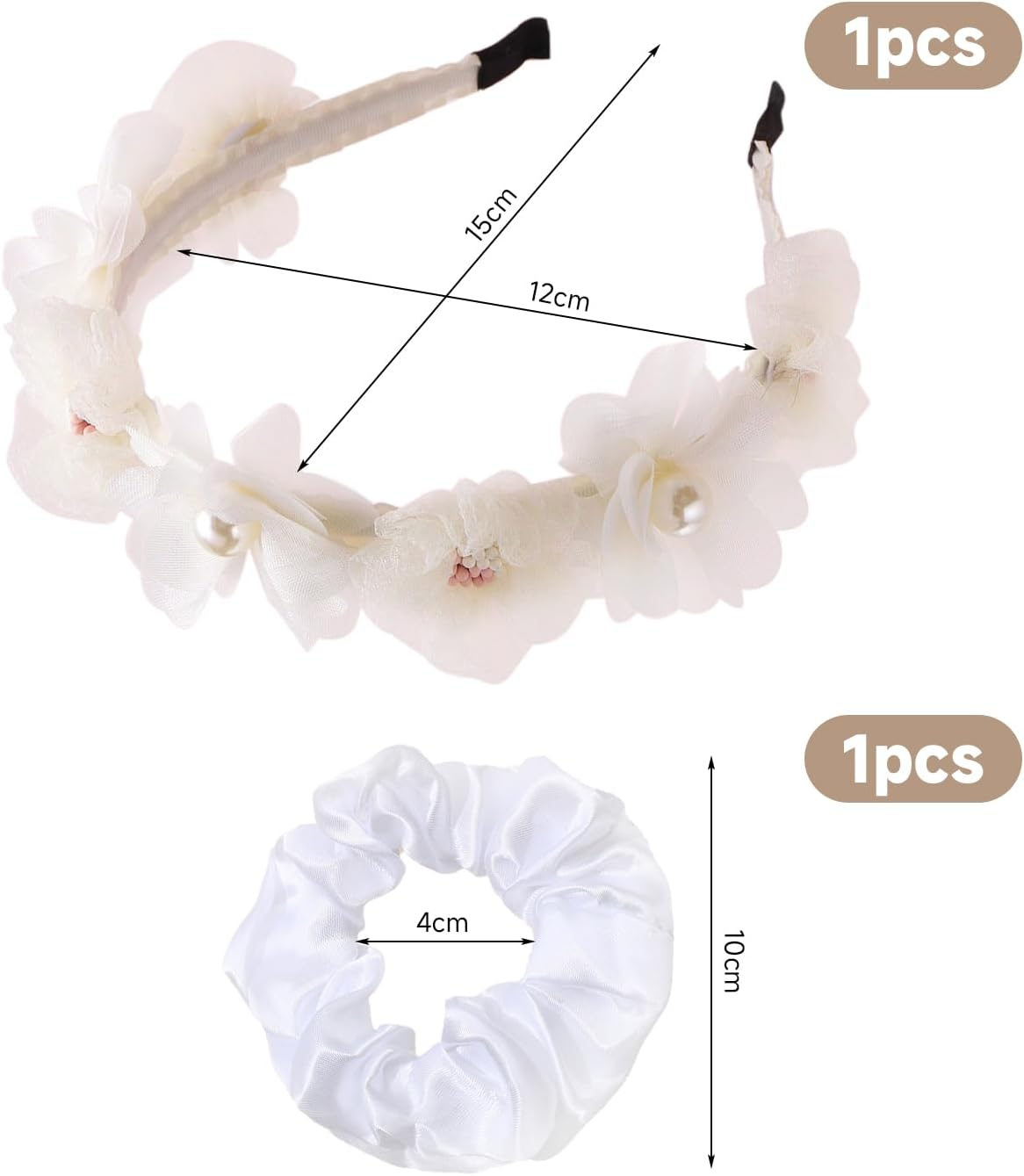 1 X Simulated Flower Headband and 1 X White Hair Ring, Simple and Elee Hair Accessories, Elastic Hair Rings, Cute and Cute Hair Accessories. image number 1