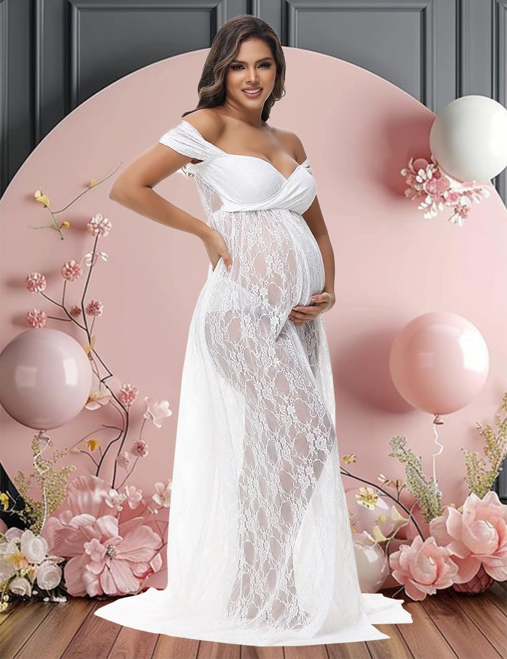 Justvh Maternity Dress for Photoshoot Chiffon off Shoulder Split Maxi Photography Gown with Flowy Long Train