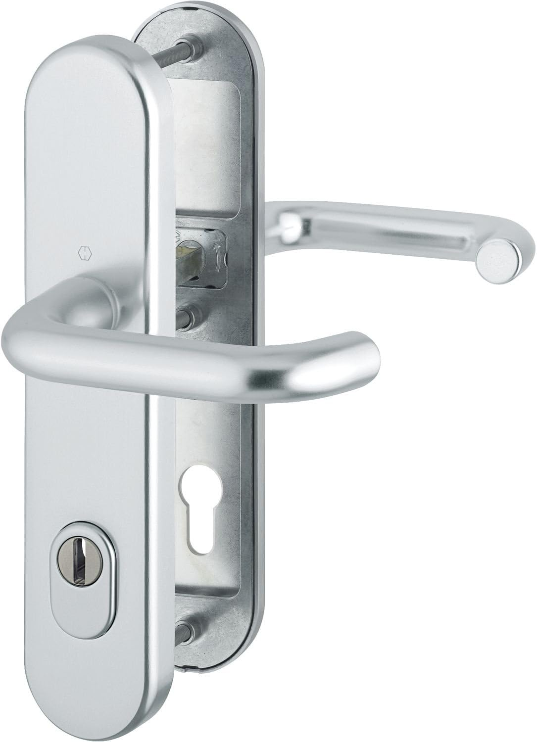HOPPE Paris Front Door Handle Set DIN Standard Distance 92 Mm Silver Anodised Long Plate Profile Cylinder for Door Thickness 77-82 Mm without Core Pull Protection Test: RC2 According to EN 1906, 1 image number 2