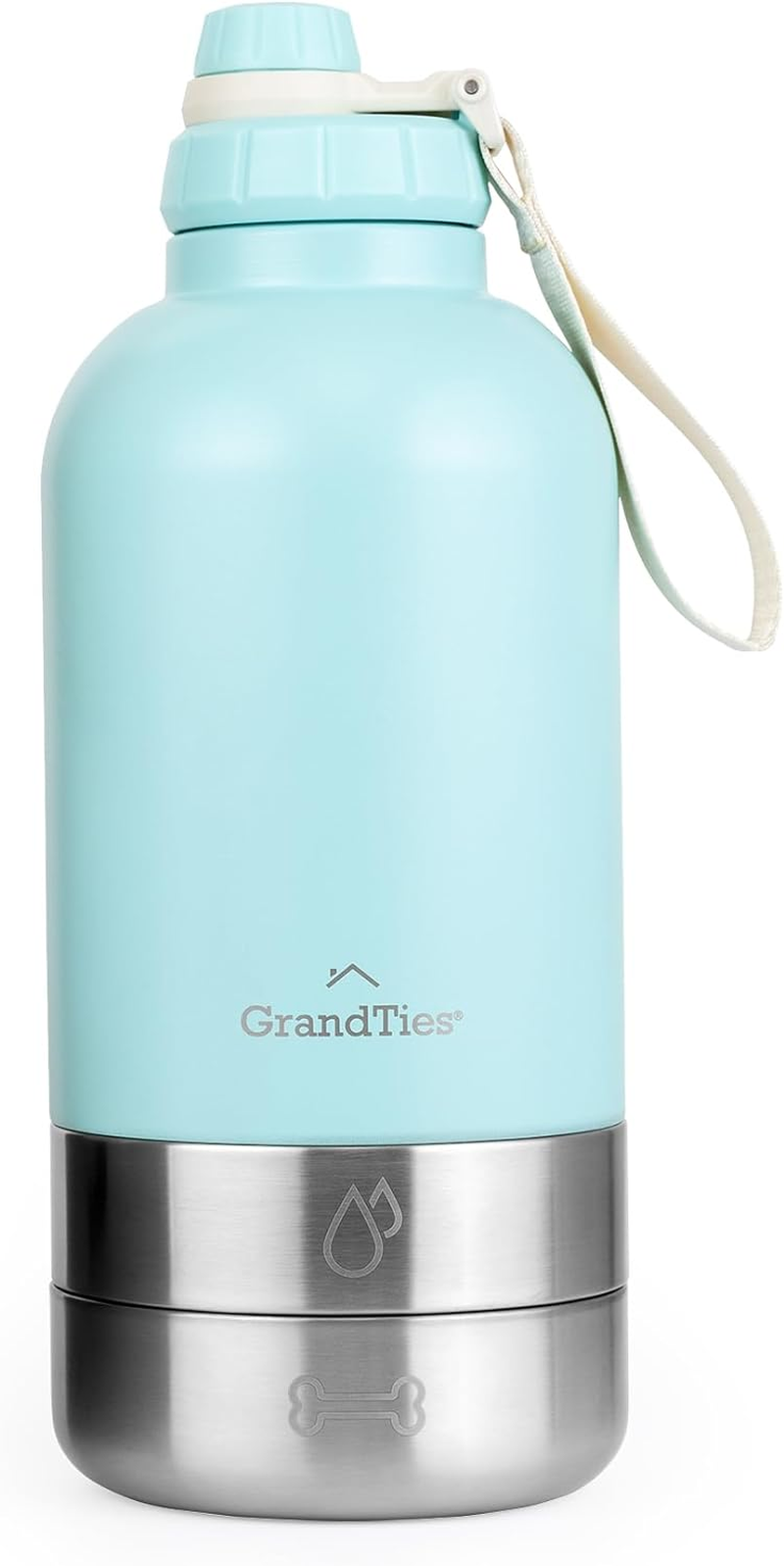 Grandties Insulated Portable Water Bottle with 2 Detachable Dog Bowls, Leak-Proof Pet Water Food Feeder Dispenser, Pet Travel Outdoor Accessory Stainless Steel Storage Container - Blue, 64Oz (1890Ml)
