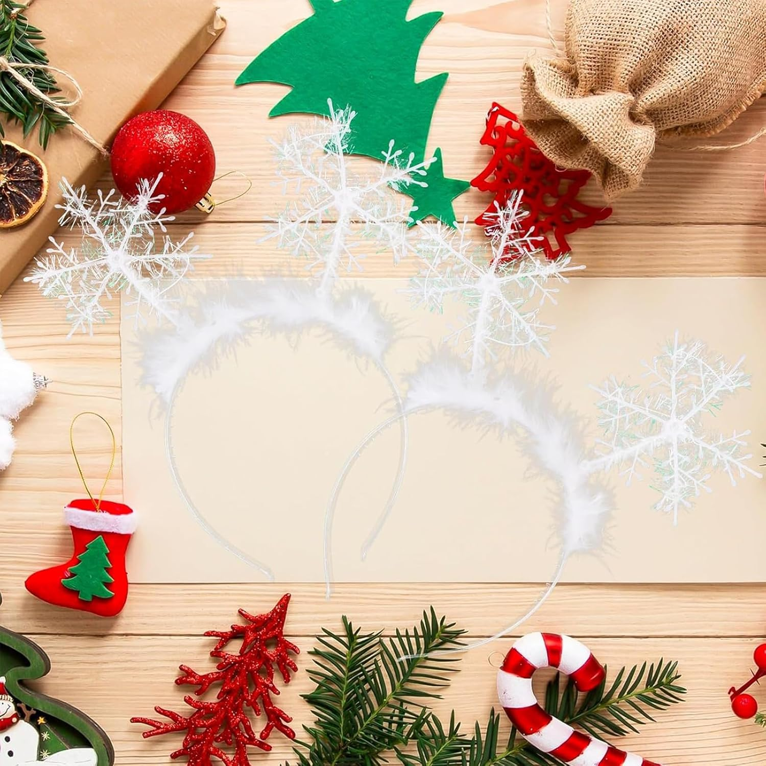 Itadaku 2 Pack Christmas Snowflake Headbands for Adults, White Feather Headbands for Christmas Carnival Party, Cute Winter Hair Accessories image number 6