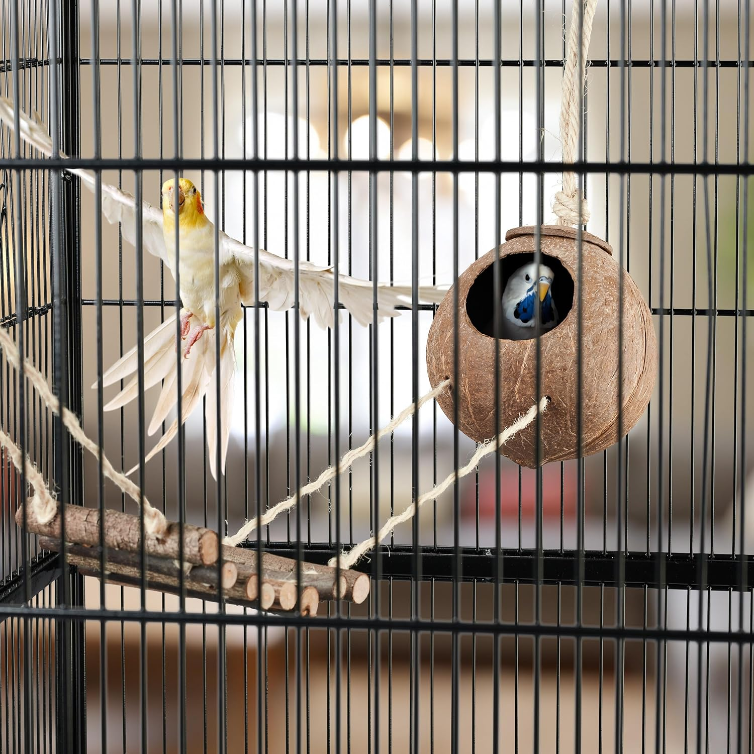 Relaxdays Bird Toy Wooden Ladder Coconut Shell Bird Cage Accessories for Budgie Canary Bird Nest Natural 1 Piece image number 3