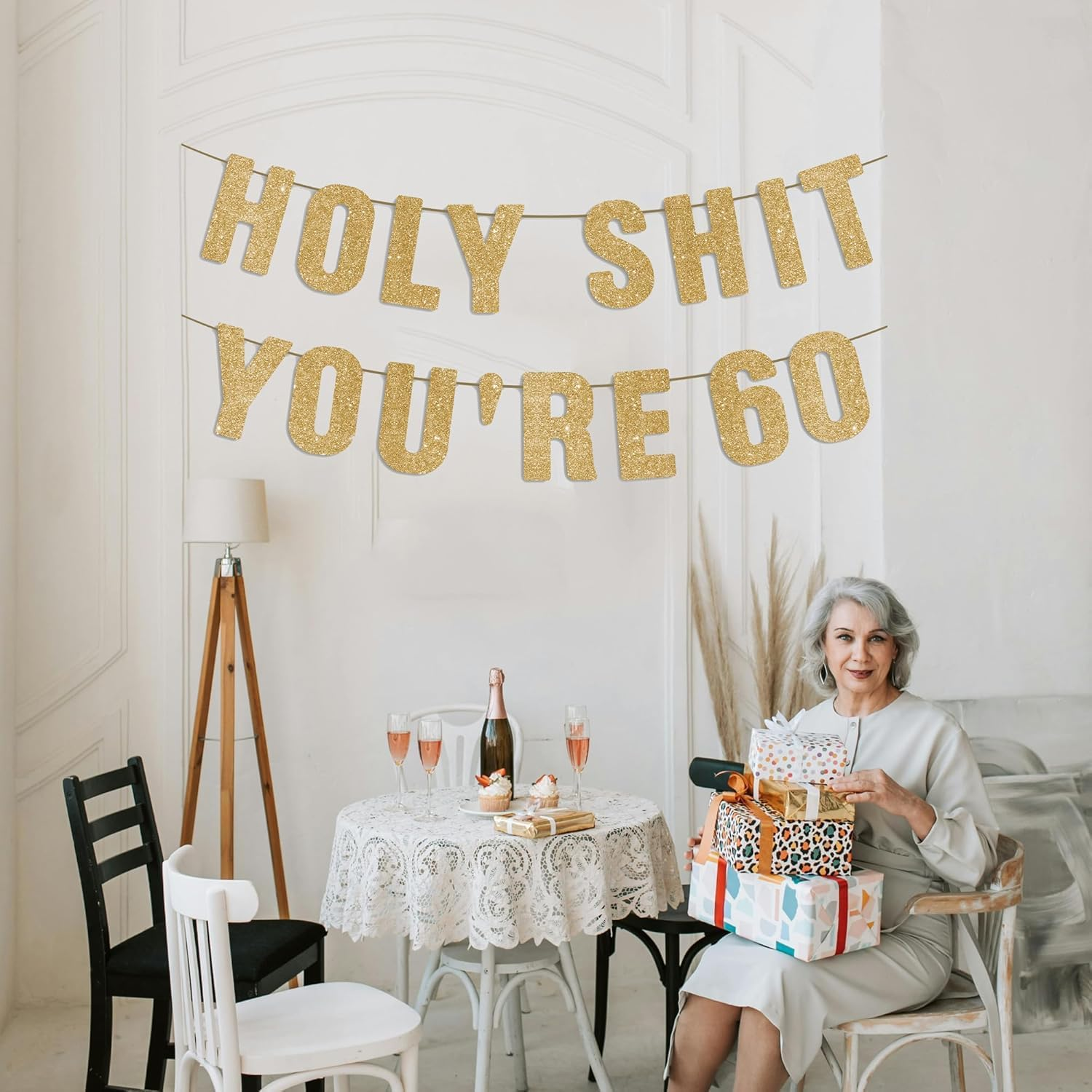 60Th Birthday Banner - Gold Glitter, 60Th Birthday Decorations for Men & Woman, Funny Sixty Sign for Her&Him, 60 Party Sign