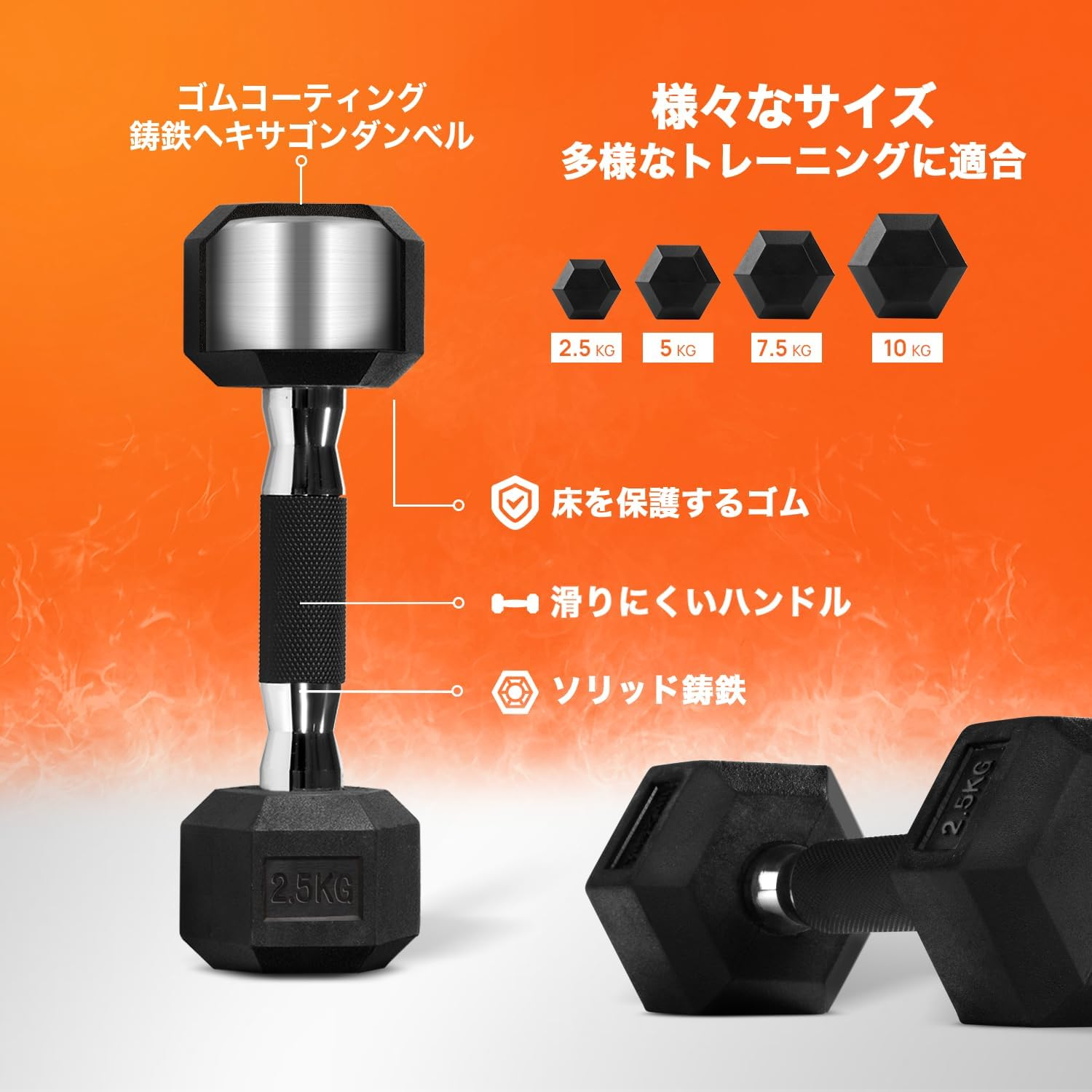 イエスフォーオール(Yes4All) ダンベル 六角型 ラバーグリップ 2.5Kg/5Kg/7.5Kg 【日本正規輸入品】 image number 2