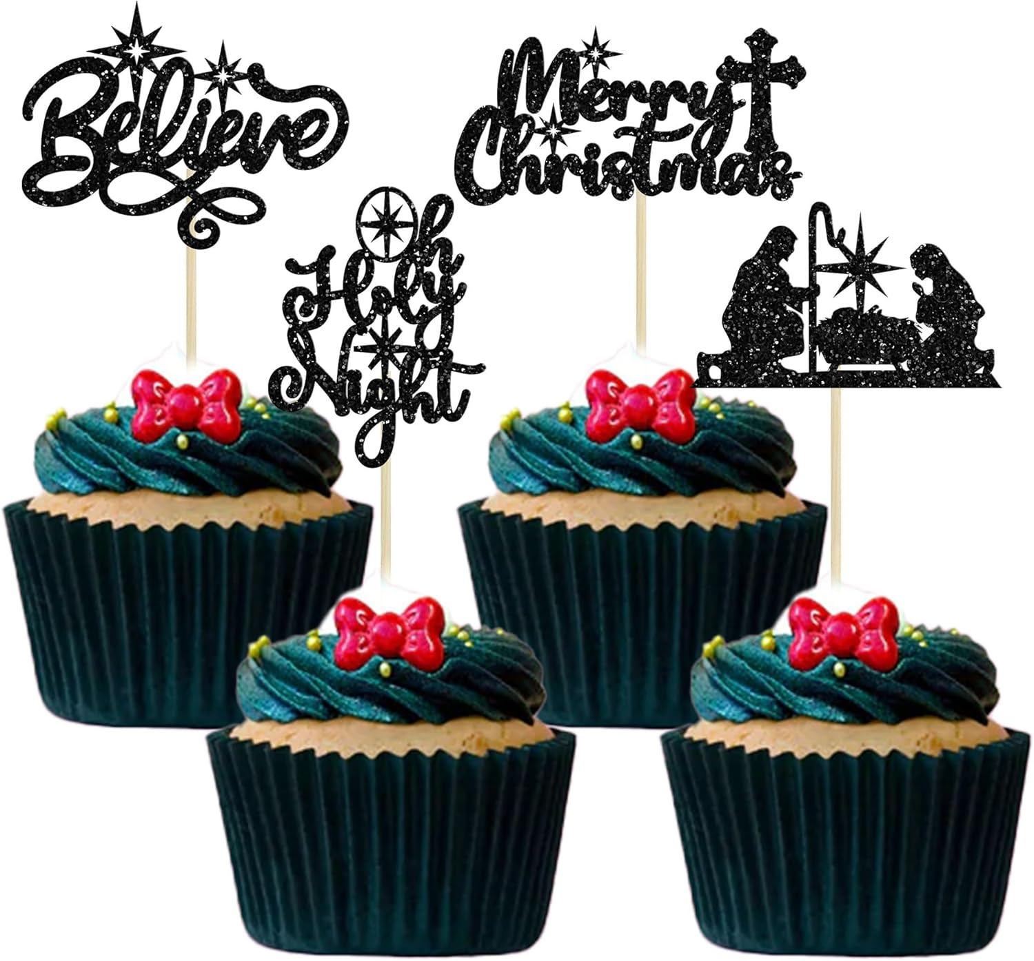 24Pcs Christmas Nativity Cupcake Toppers Glitter Holy Night Blessed Hope Believe Jesus Birthday Cupcake Picks for Nativity Scene Theme Merry Christmas Party Cake Decorations Supplies Black image number 2