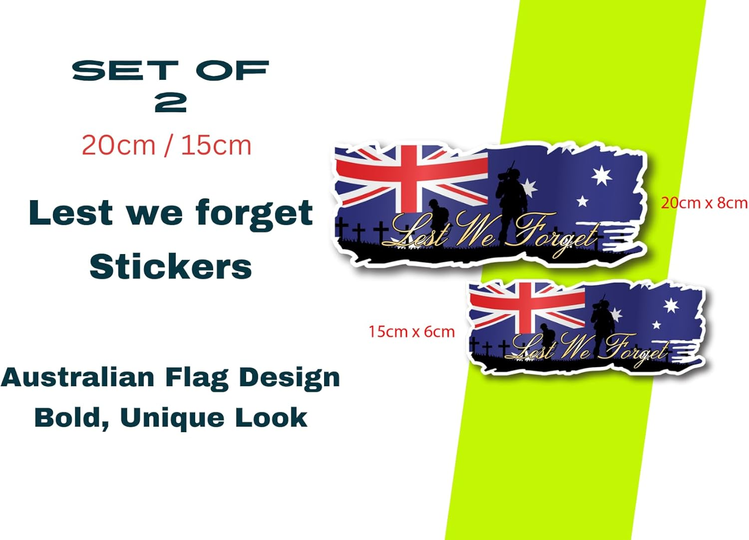 Lest We Forget Stickers &ndash; 2 Pack (20Cm & 15Cm) &ndash; Australian Flag Memorial Decals &ndash; Weatherproof Car, Window, Toolbox Vinyl &ndash; Bubble-Free, Easy Peel & Stick &ndash; Outdoor Grade 5 Years image number 2