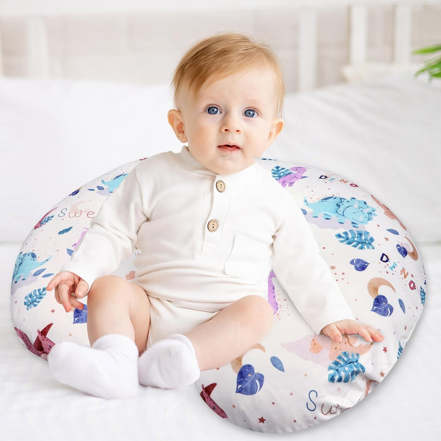 DILIMI Nursing Pillow Cover Stretchy Removable Case for Breastfeeding Pillows, Ultra Soft Comfortable Slipcover for Baby Girl and Boy, Watercolor Dinosaur and Leaves(Pillow Not Included) - Grey image number 3