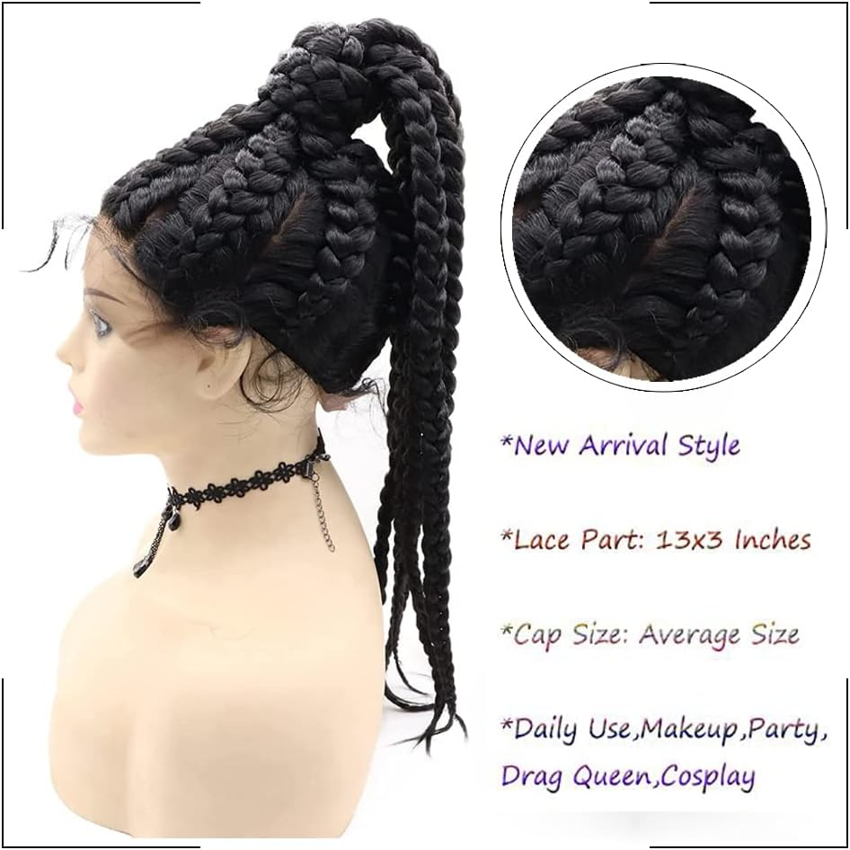 Afbeauty Black Braided Lace Front Wig for Women Synthetic Handmade Black High Ponytail Braided Wig with Baby Hair Heat Resistant Fibre Braid Wigs for Cosplay Party Makeup