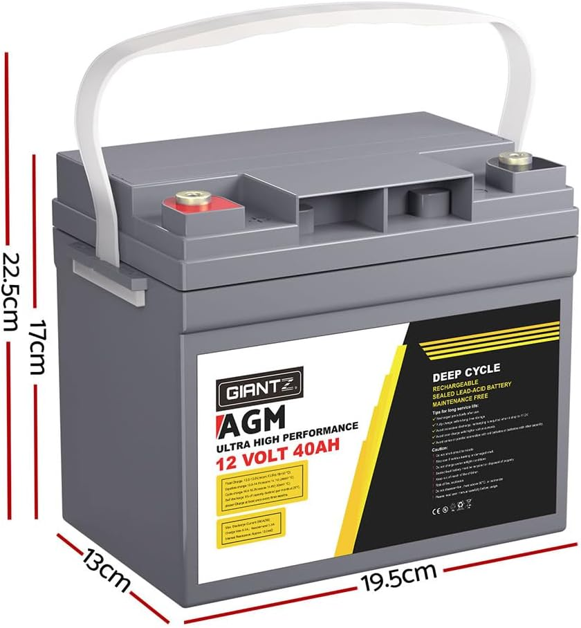 Giantz 40Ah AGM Deep Cycle Battery, Recharge Batterys 4WD Charging Portable with Handle, 1400 Cycles Long Life High Performance for Solar Fridge Camping Car Power Supply image number 6