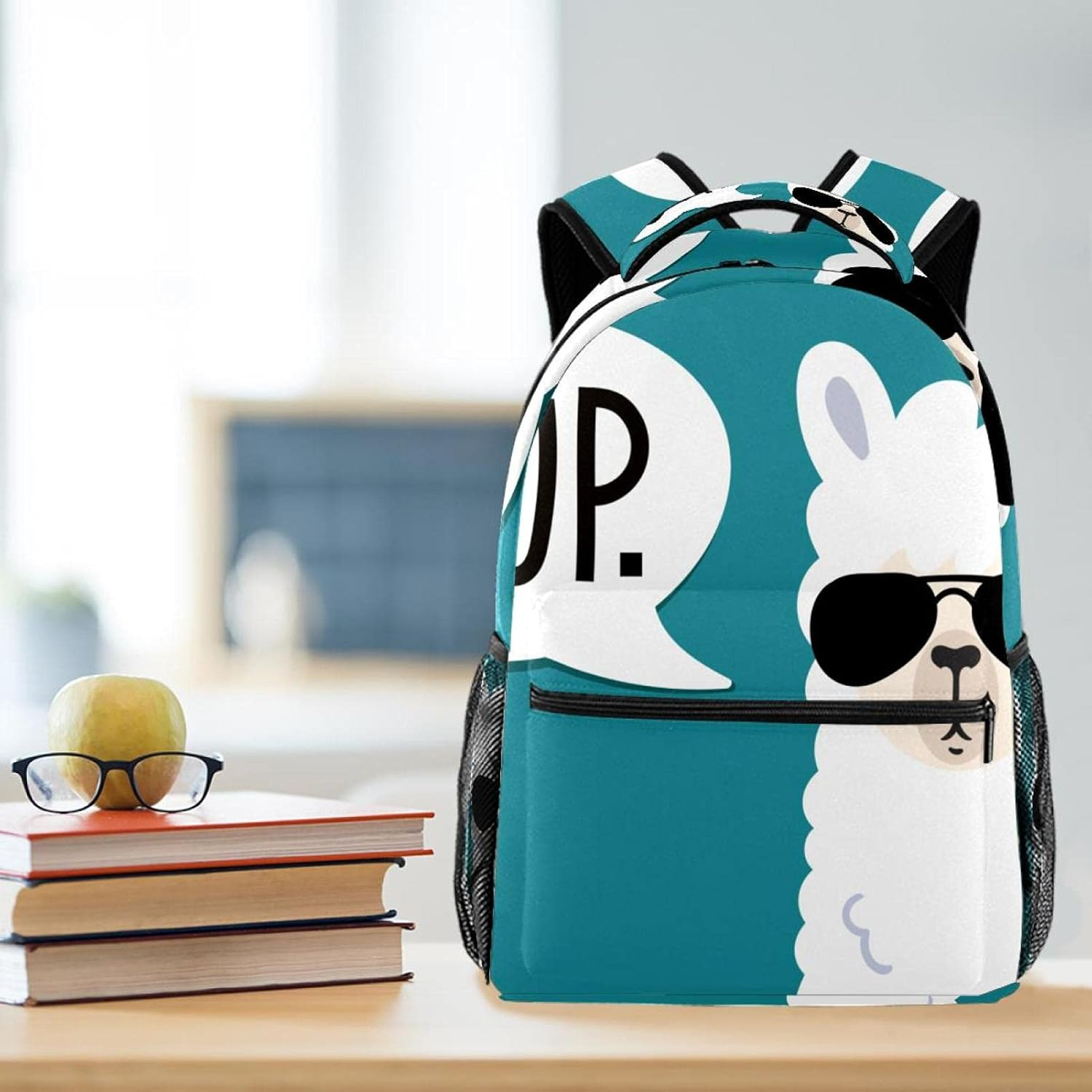 Alpaca Head with Sunglasses on Blue Background Backpack Students Shoulder Bags Travel Bag College School Tote Backpacks image number 4