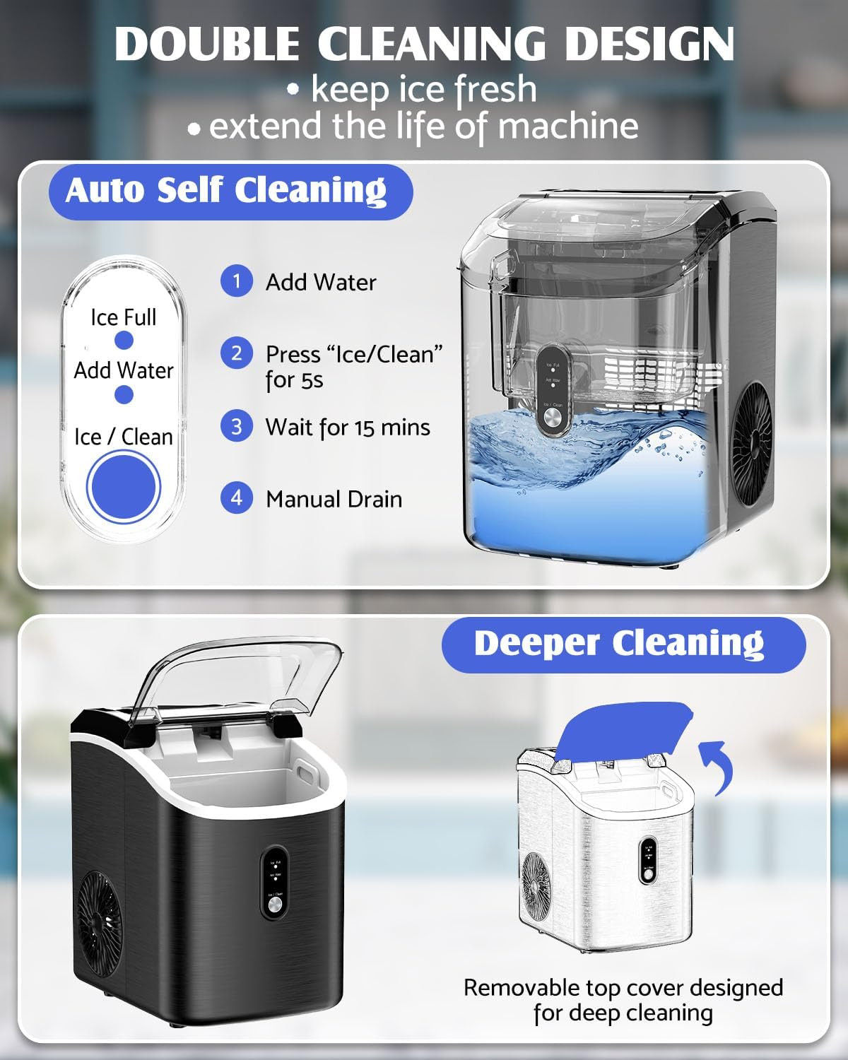 YOPOWER Ice Maker Machine, 15KG Nugget Ice Maker Machine Countertop, Pebble Ice Cube Maker with Self-Cleaning, Crushed Ice Makers for Home Bar image number 3