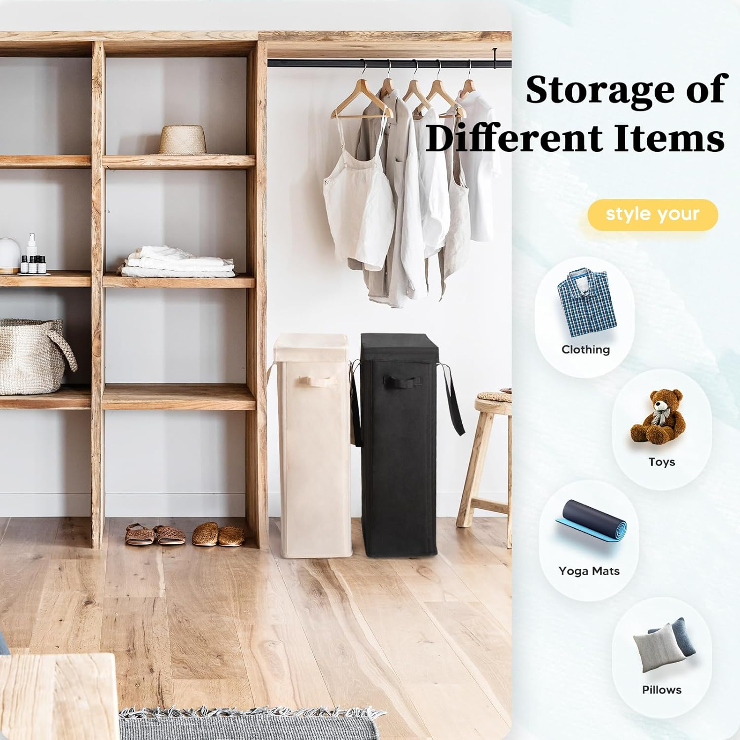 Slim Laundry Hamper with Lid 55L Thin Dirty Clothes Basket with Long Handle, Narrow Laundry Bag, Foldable Dirty Hamper, Narrow Dirty Clothes Hamper for Closet and Bathroom, Black image number 3