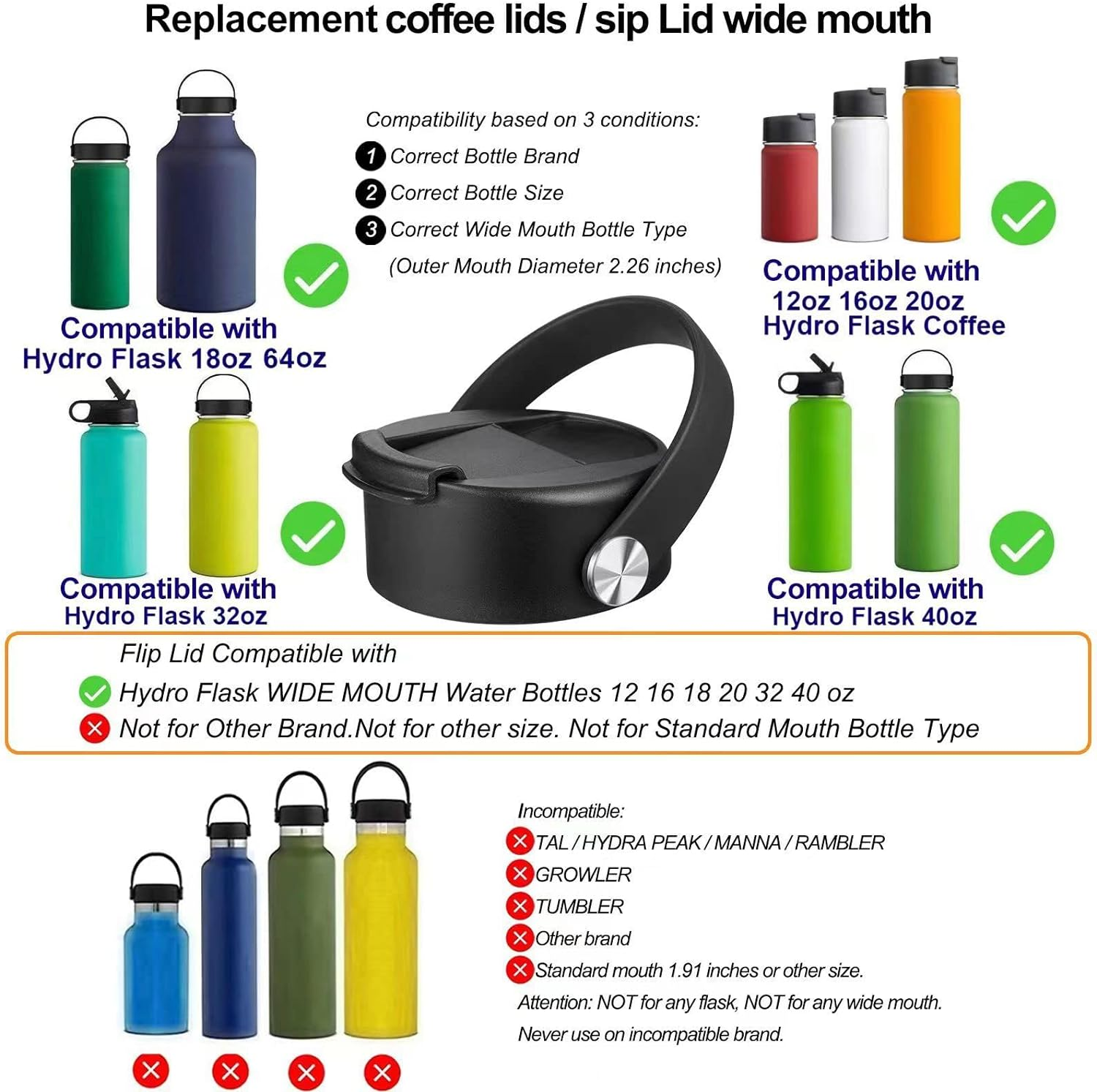 Tzuoieo Flip Lid for Hydro Flask Wide Mouth 32 40 Oz with Flexible Handle, Replacement Coffee Lid Compatible with Hydroflask, Nalgene, and More Top Water Bottle Brands Wide Mouth 32 Oz 40 Oz