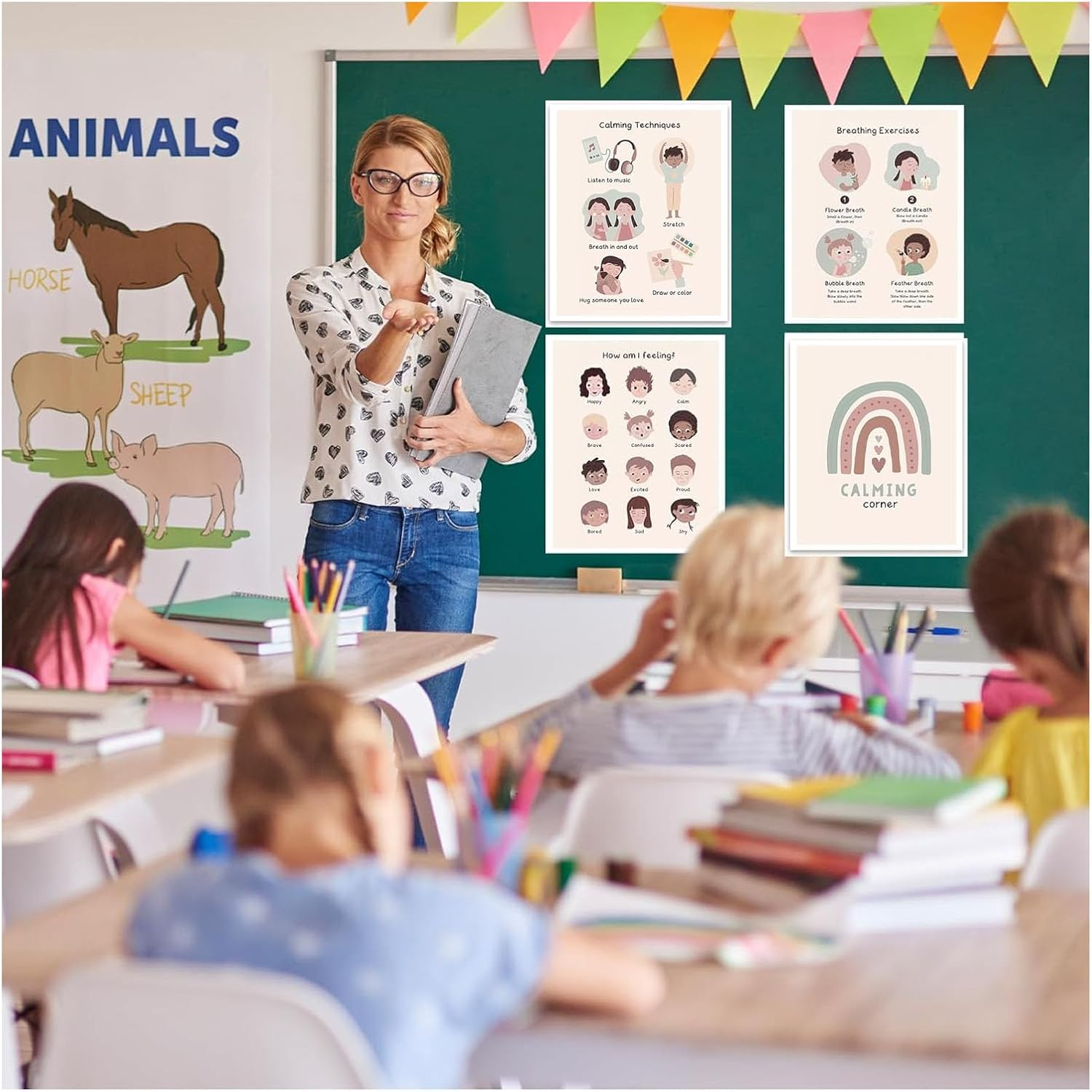 6Pcs Educational Posters, Calming Corner Posters Classroom Emotions Chart, Educational Posters for Toddlers Classroom Supplies - Feelings Wheel Chart for Emotional Awareness and Self-Regulation