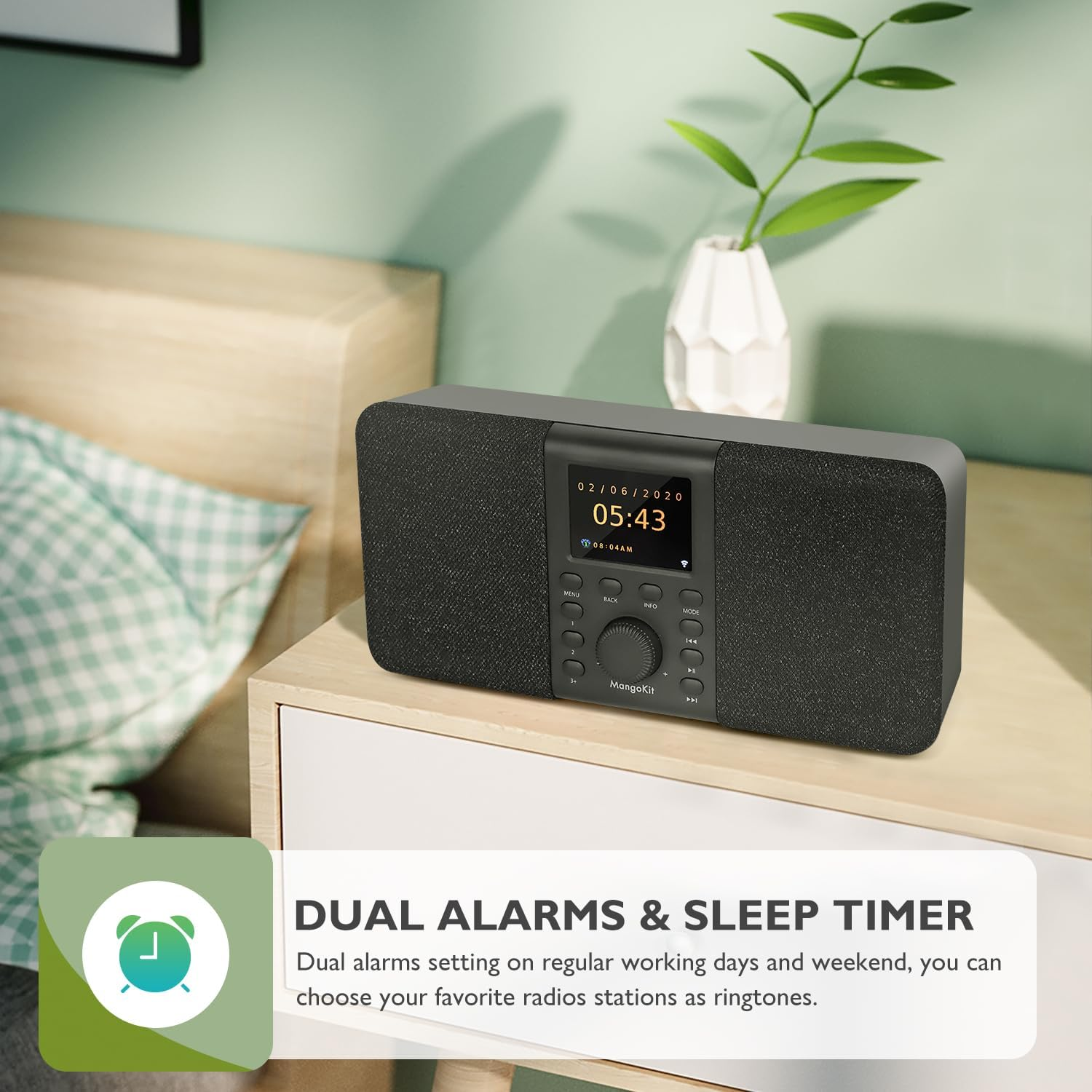 SR20 Smart Internet Radio with Wifi,Podcast Player, Bluetooth Speaker,Portable FM Radio,Mains and Battery Powered Radio,Stereo Sound,Color Display,Dual Alarms, Presets,App Control-Black