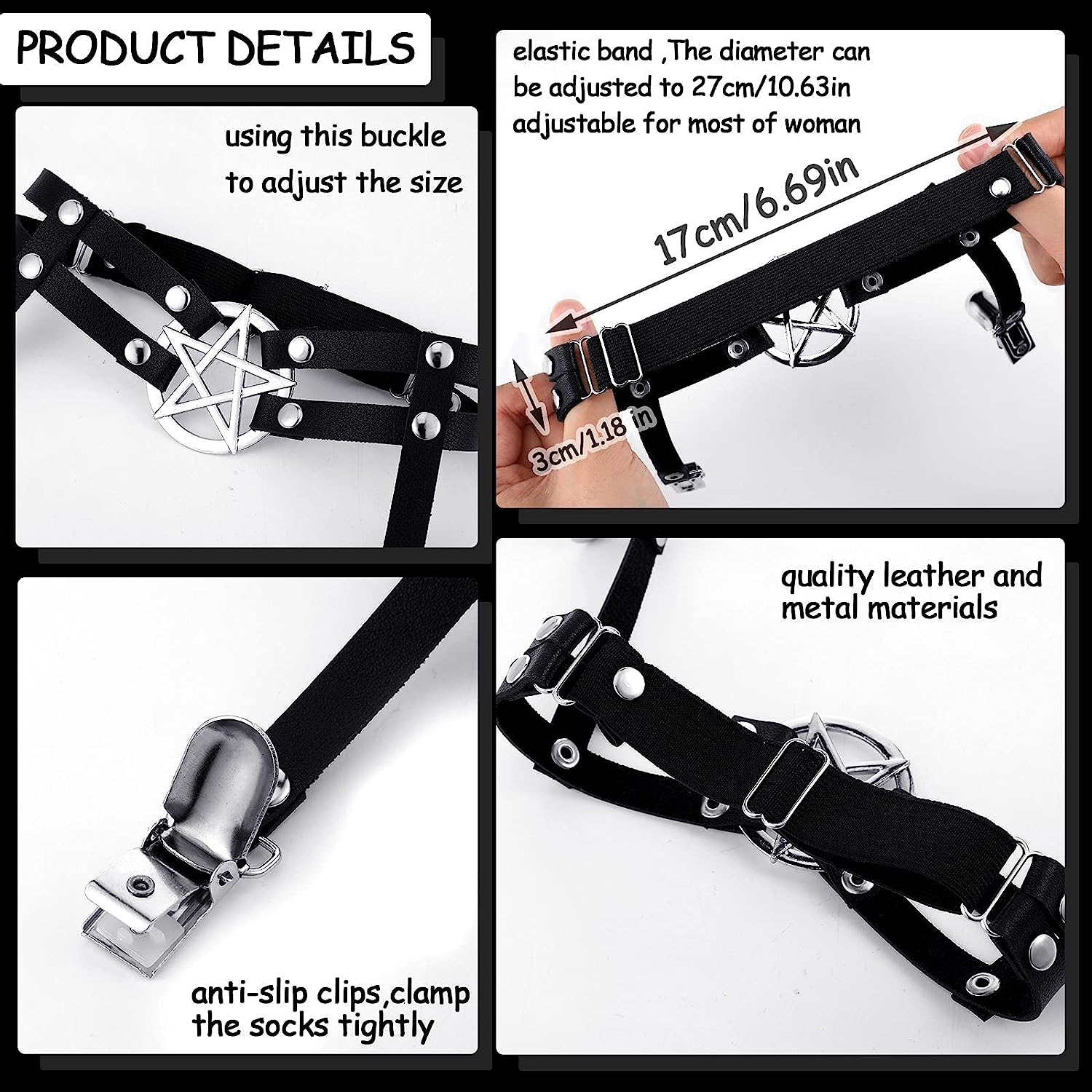 6 Pieces Adjustable Garter Belts with Anti-Slip Clips, Elastic Punk Thigh Ring Garter Star Shaped Leg Heart-Shaped Leg Ring 2 Rows Thigh Belt Suspender for Women, Black