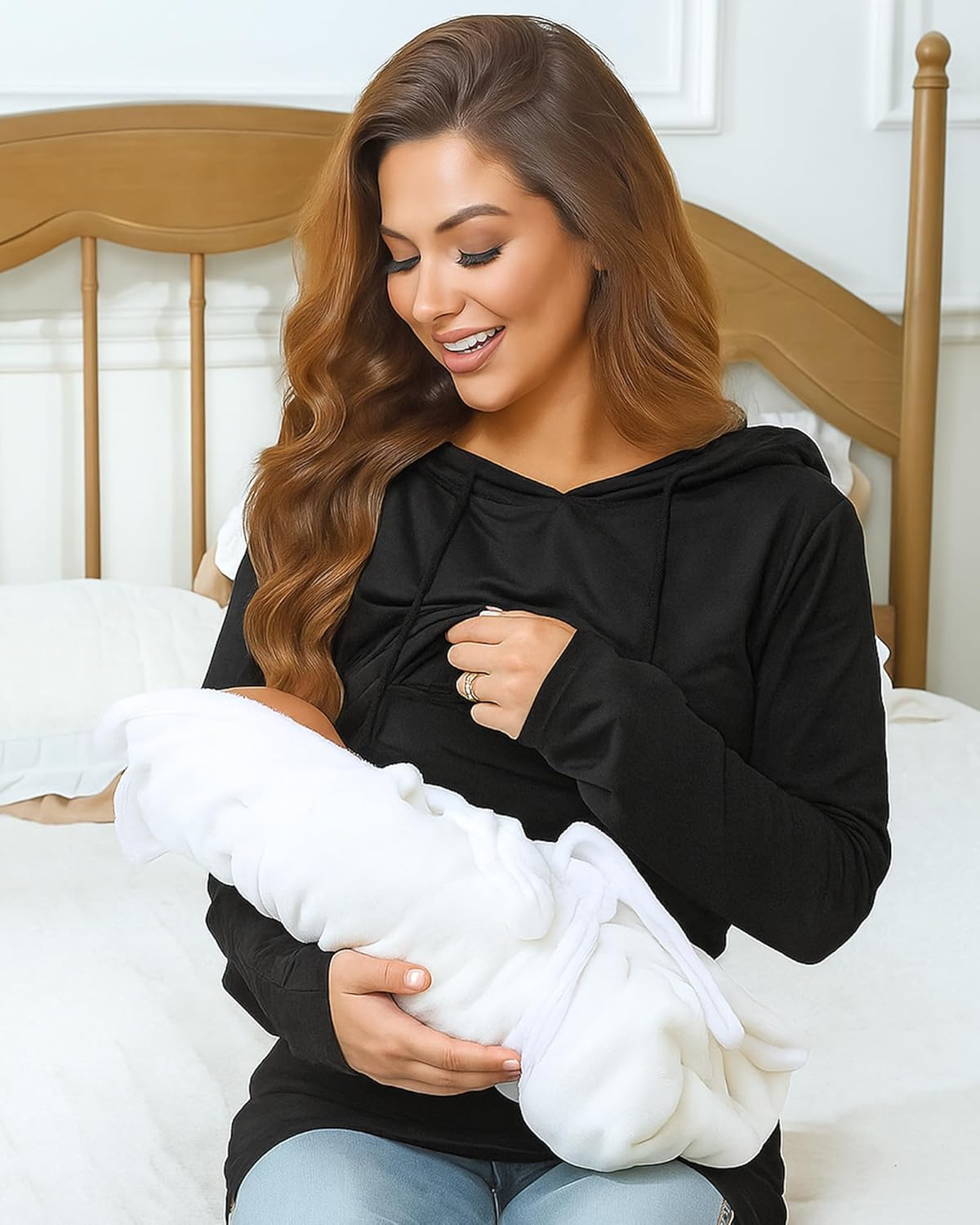 2 Pcs Women Nursing Hoodie Tops Long Sleeves Breastfeeding Maternity Sweatshirt Casual Clothes image number 6