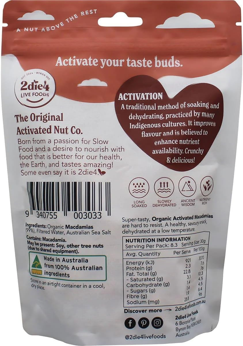 2Die4 Live Foods Activated Organic Macadamias 250G