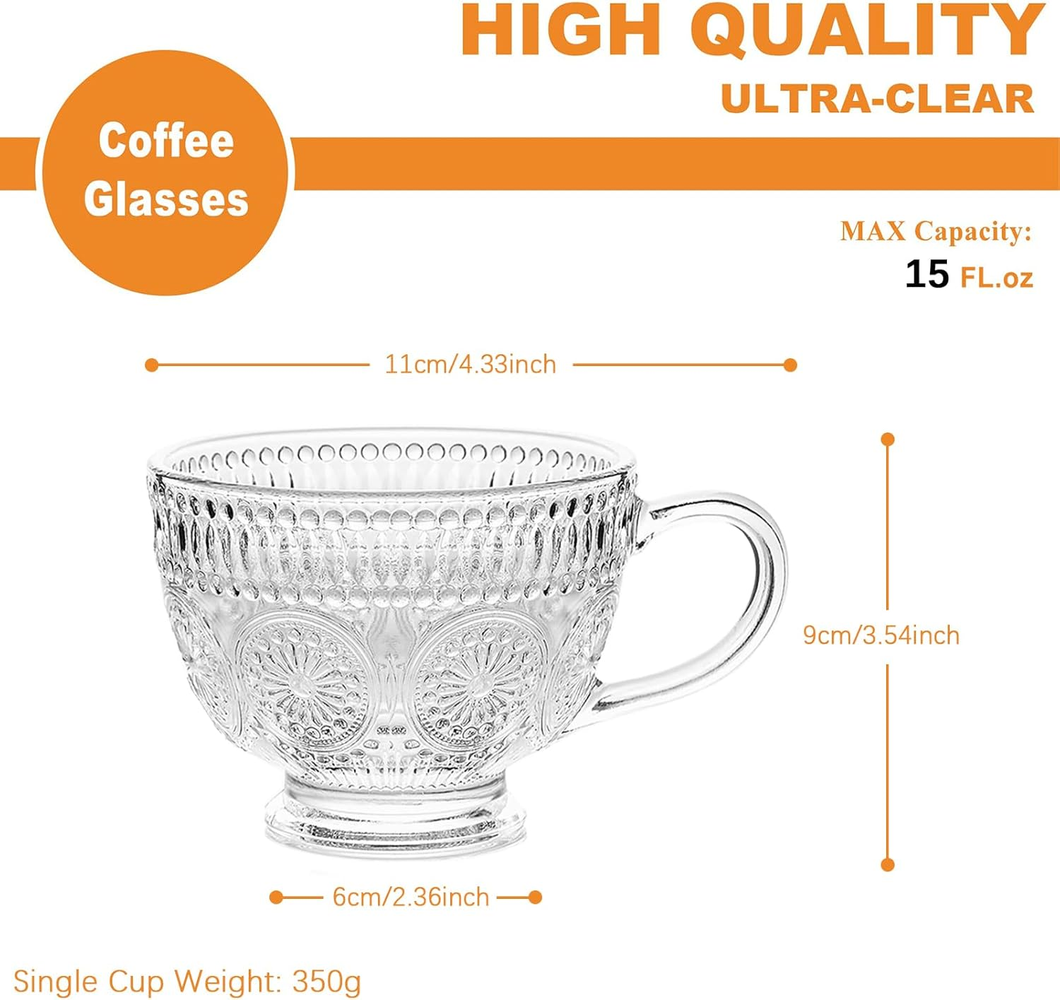 4PCS Vintage Glass Coffee Tea Mugs, 13.5 Oz Embossed Clear Glass Tea Set with Handle, Drinking Glassware for Latte, Cappuccino, Americano, Juice, Hot Drinks, Cold Drinks image number 1