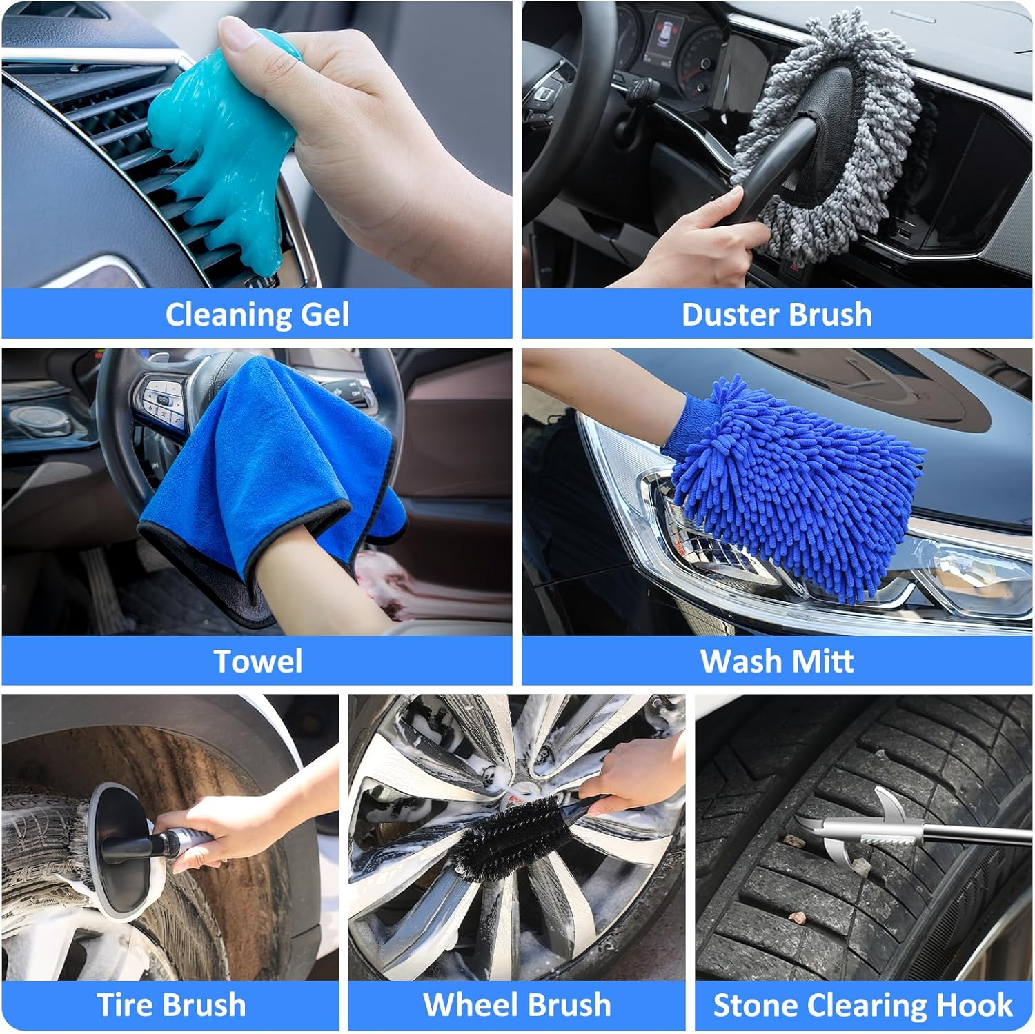 AUTODECO 44Pcs Car Wash Detailing Kit Cleaning Kits with Foam Gun Sprayer Wash Mop with Long Handle Collapsible Bucket Large Wash Mitt Towels Complete Interior Exterior Car Washing Supply Set Blue - Blue image number 5