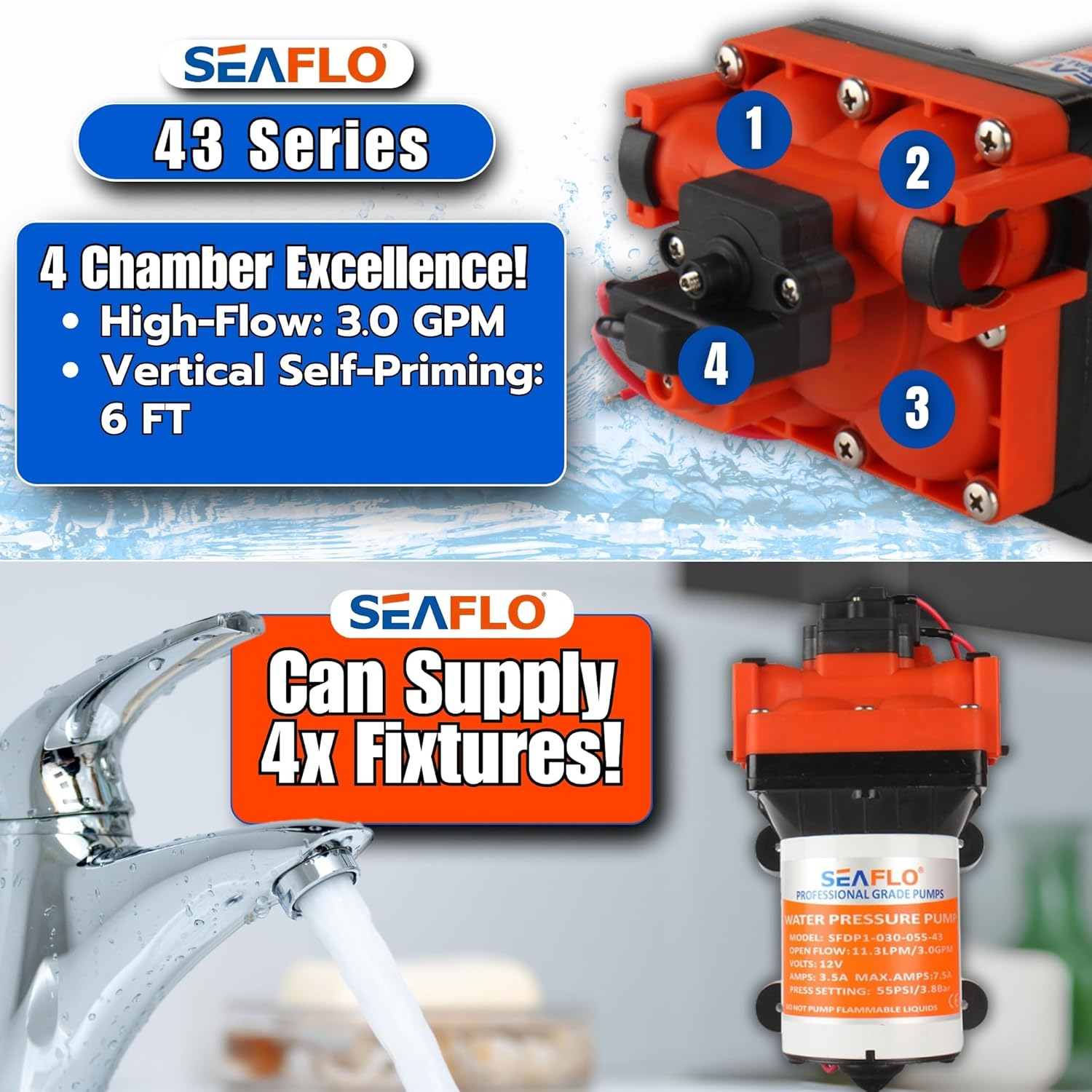 SEAFLO 43-Series Water Pressure Diaphragm Pump - 12V DC, 3.0 GPM, 55 PSI with Adjustable Pressure Switch, Self-Priming, UL & CSA Certified, Quick Attach - for RV, Boat, and Off-Grid Applications image number 2