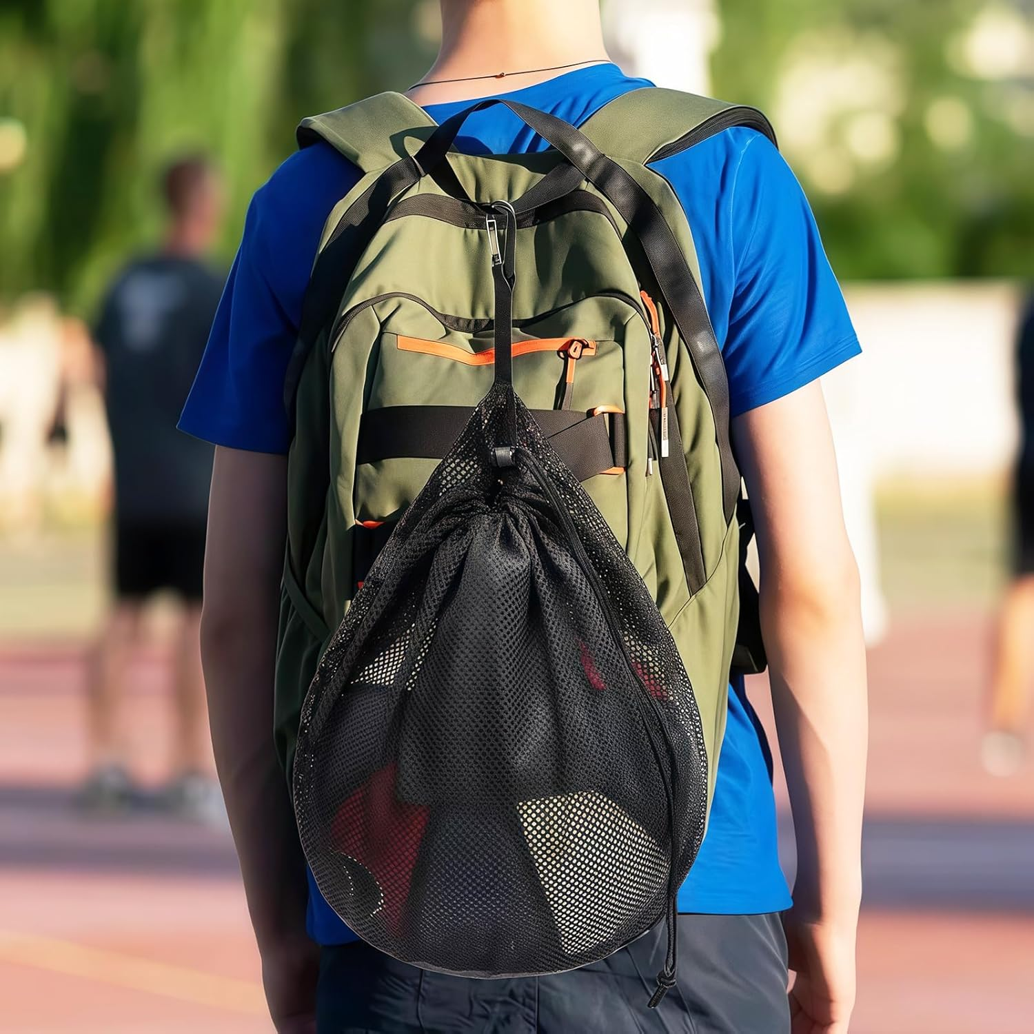 Teccfly Sports Ball Mesh Bag with Zipper Pocket, Durable Drawstring Backpack for Basketball Football Volleyball Soccer, Portable Ball Bag for Training Games Gym, Lightweight Basketball Backpack(Black) image number 3